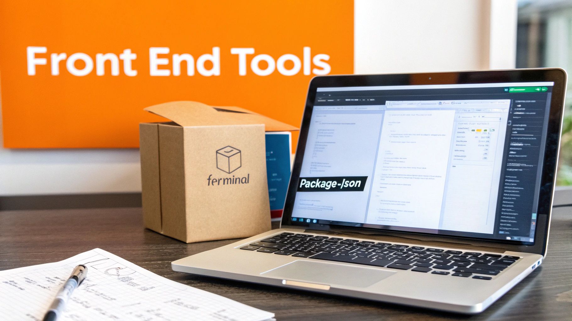 Front end developer's desk with a laptop displaying 'Package-json' and 'ferterminal' box.
