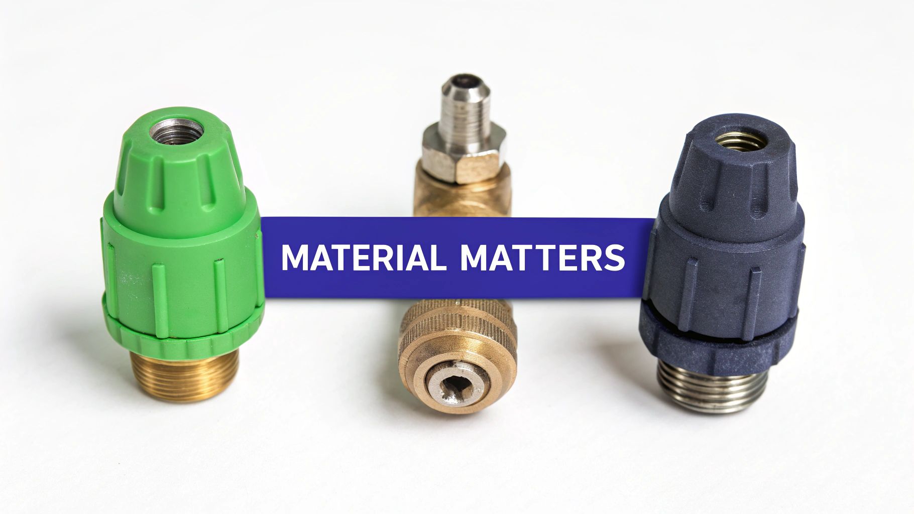 Three diverse pressure washer fittings demonstrate material differences with a 'MATERIAL MATTERS' banner.