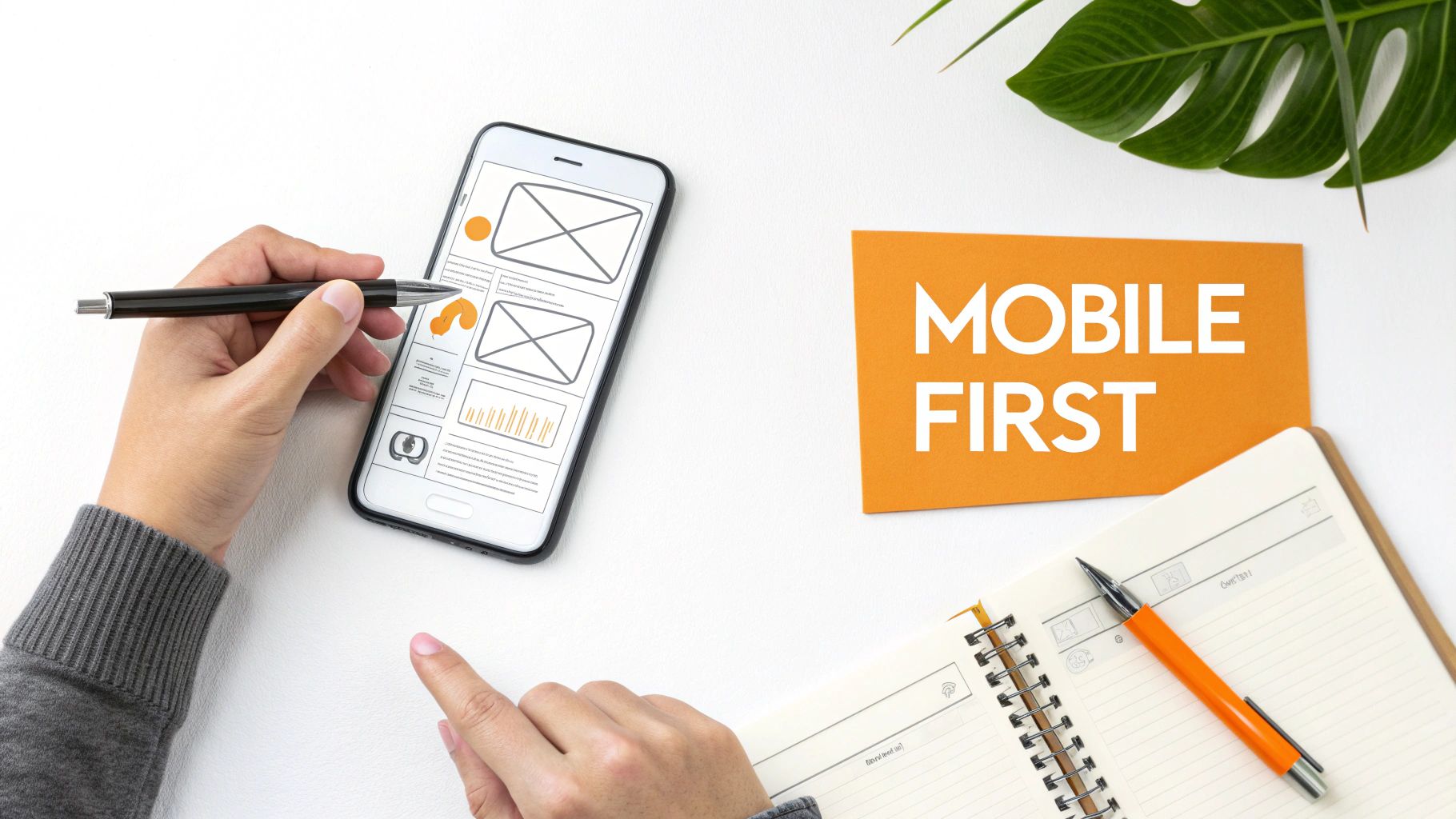 Hands designing a mobile app wireframe on a smartphone, with a 'MOBILE FIRST' card and a notebook.