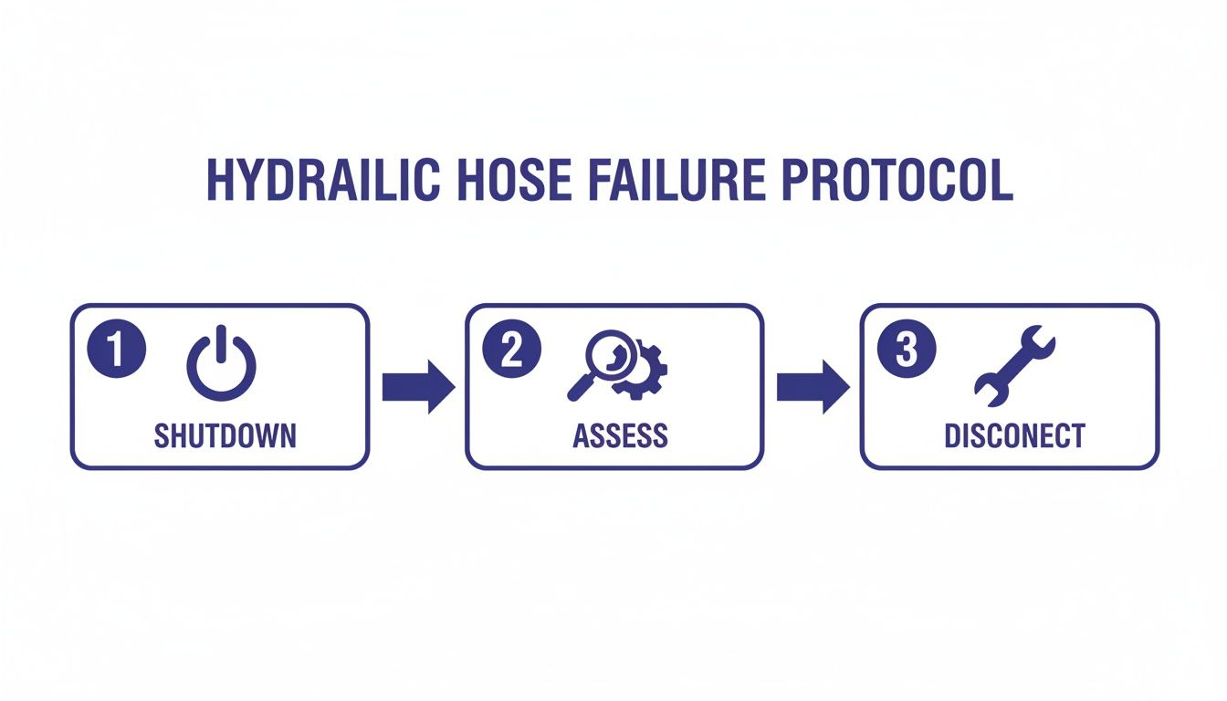 A three-step protocol for hydraulic hose failure: Shutdown, Assess, and Disconnect, with corresponding icons.