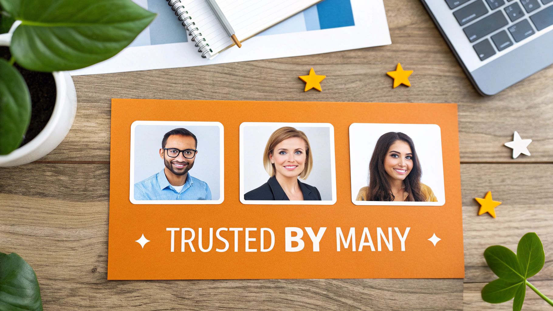 An orange card on a wooden desk featuring headshots of three diverse professionals, saying 'TRUSTED BY MANY'.