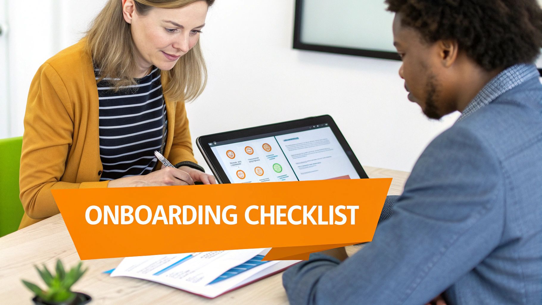 Two colleagues review an onboarding checklist on a tablet and paper in an office.