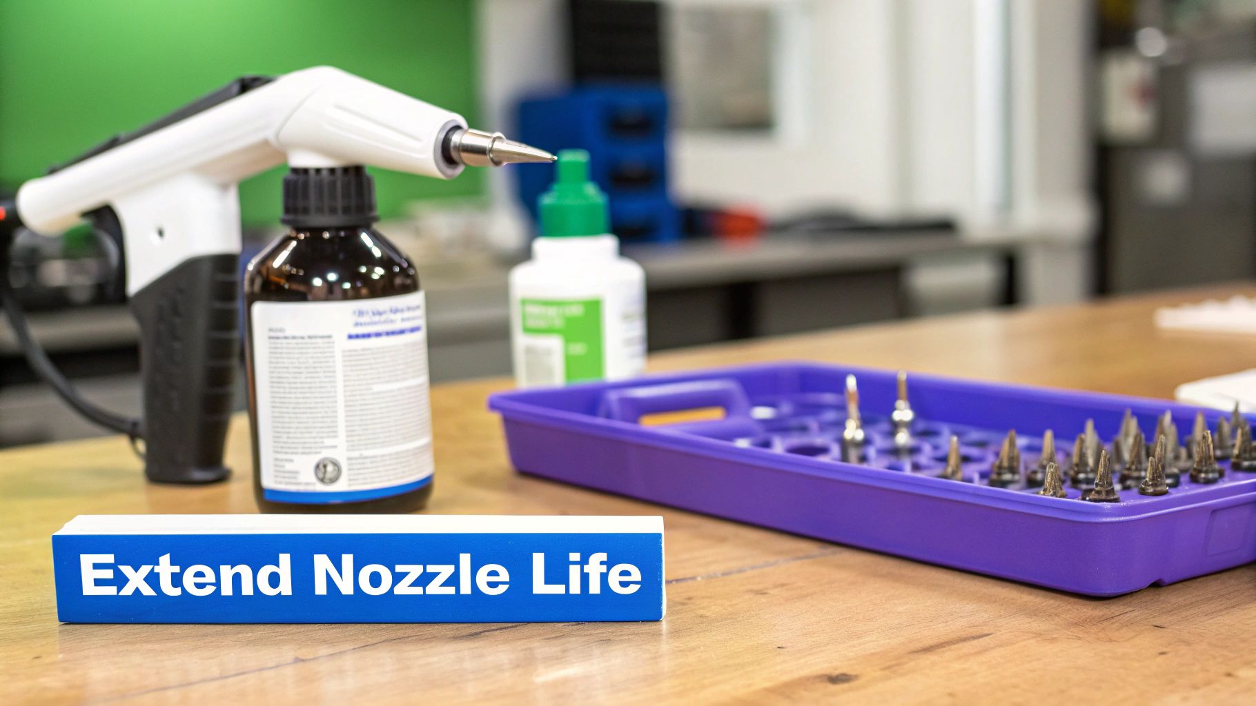 A tool, bottles, and a tray of various replacement nozzle tips on a wooden table, with a sign reading 'Extend Nozzle Life'.