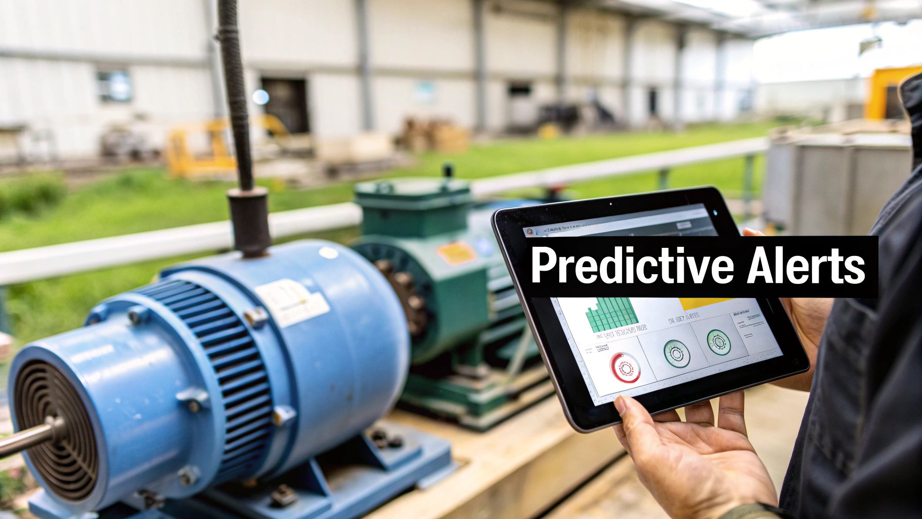 A worker uses a tablet displaying &#39;Predictive Alerts&#39; and sensor data in an industrial setting.