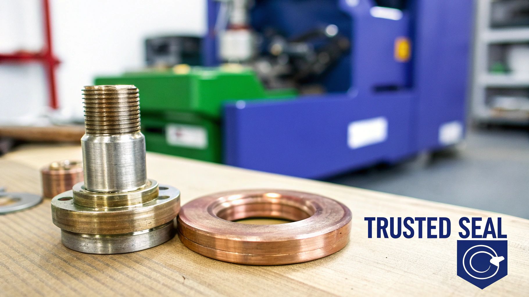 Close-up of threaded metal components and a copper washer on a wooden table, with industrial machinery.