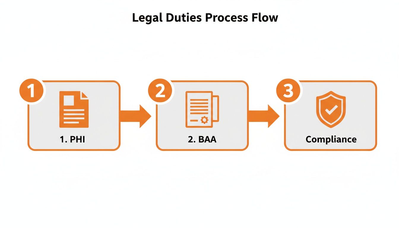 A process flow diagram illustrating legal duties with steps for PHI, BAA, and Compliance.