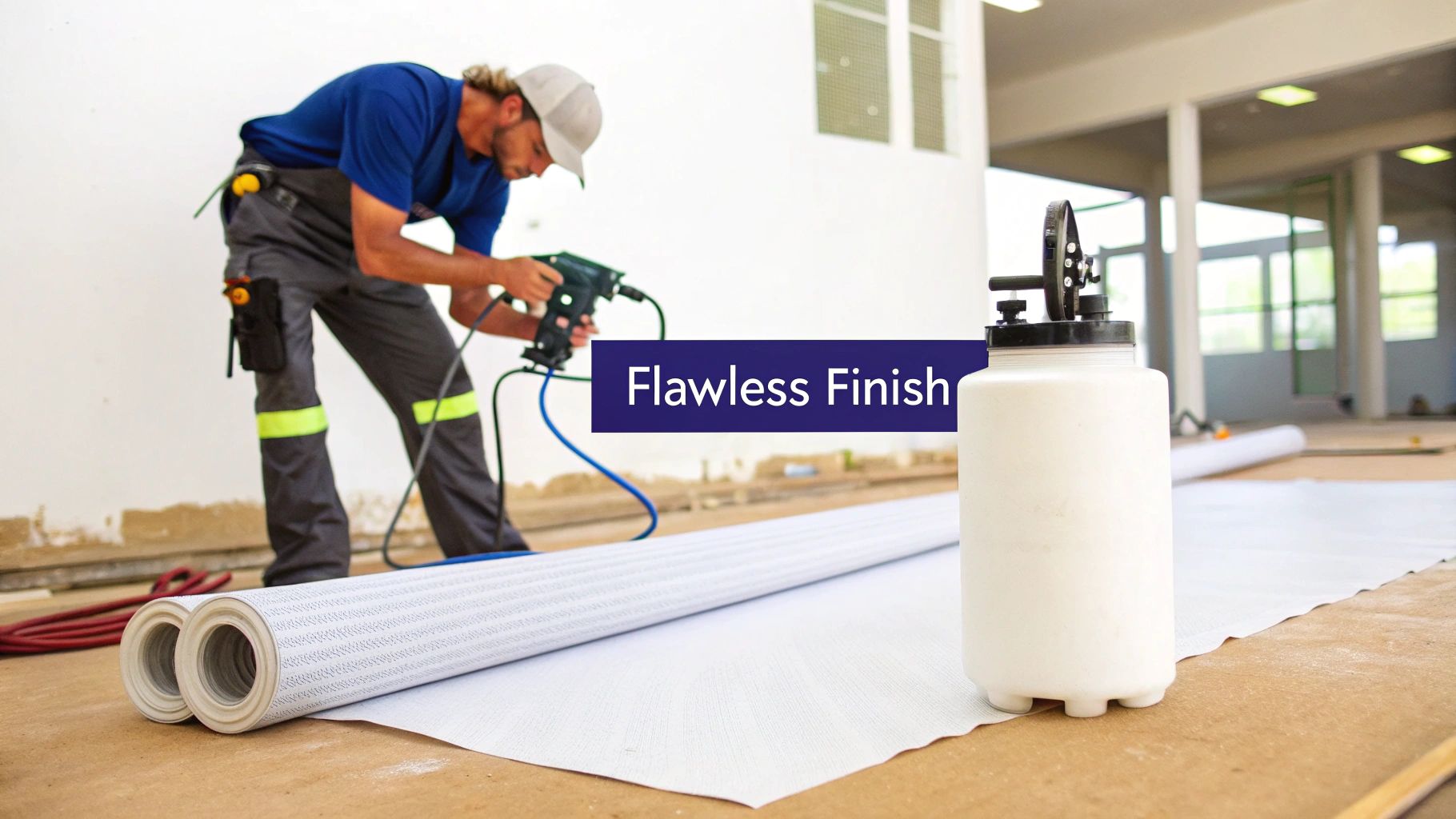 Construction worker using an airless sprayer to apply a flawless finish on a wall.