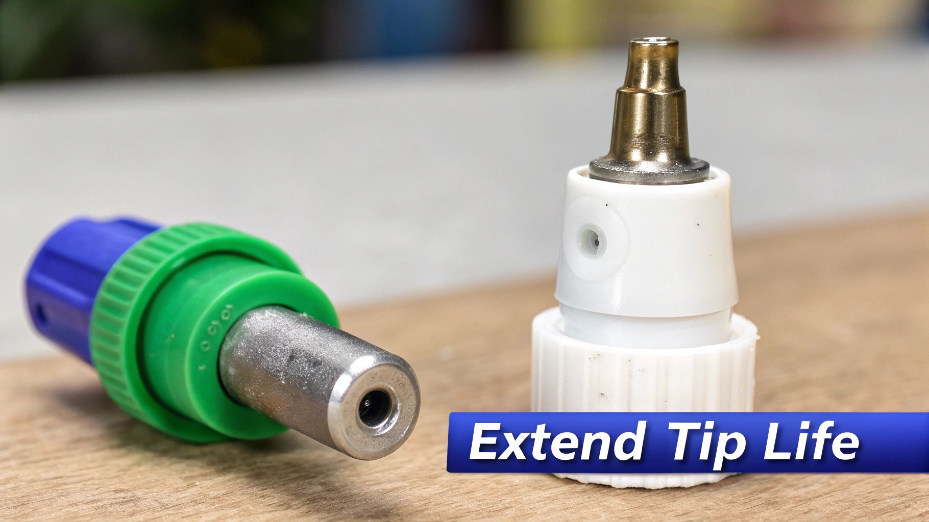 Two different airless sprayer components, one blue and green, the other white with a brass tip, resting on wood.