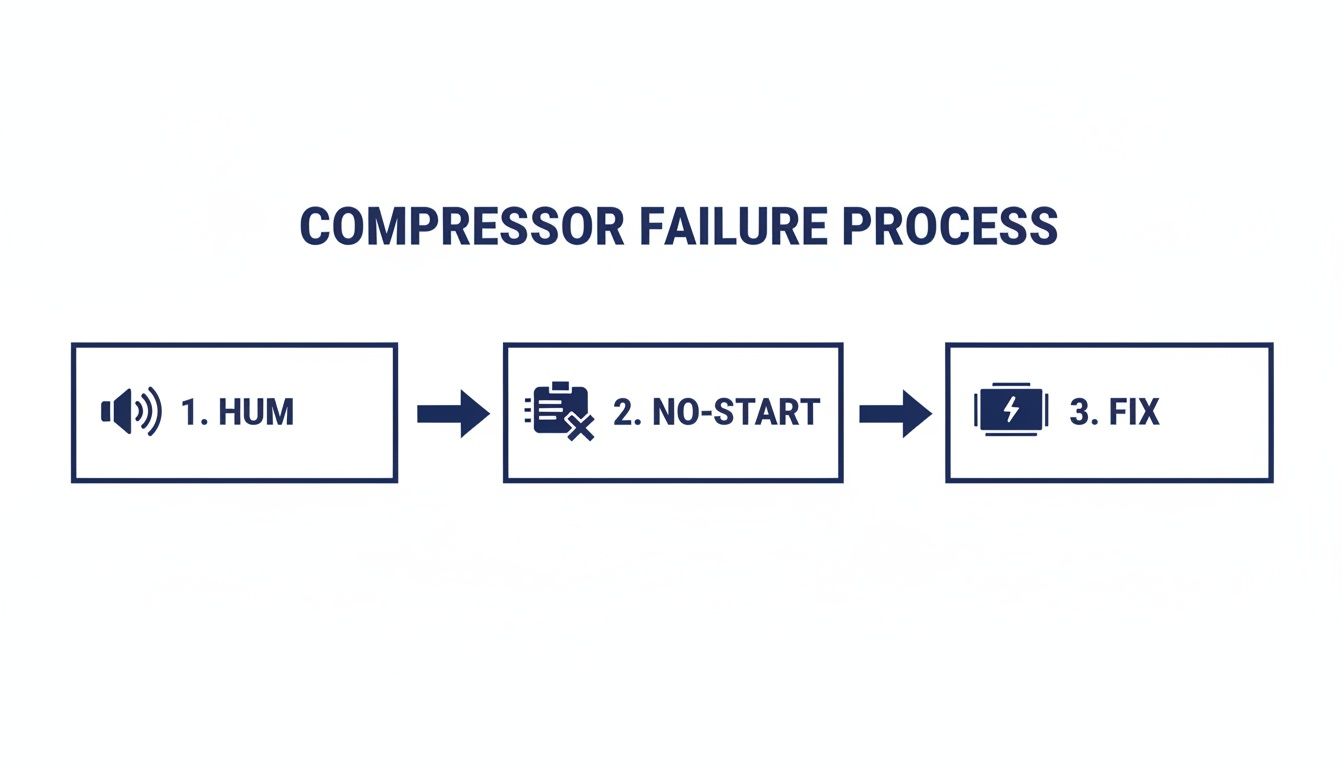 Flowchart illustrating the compressor failure process: 1. Hum, 2. No-start, and 3. Fix.