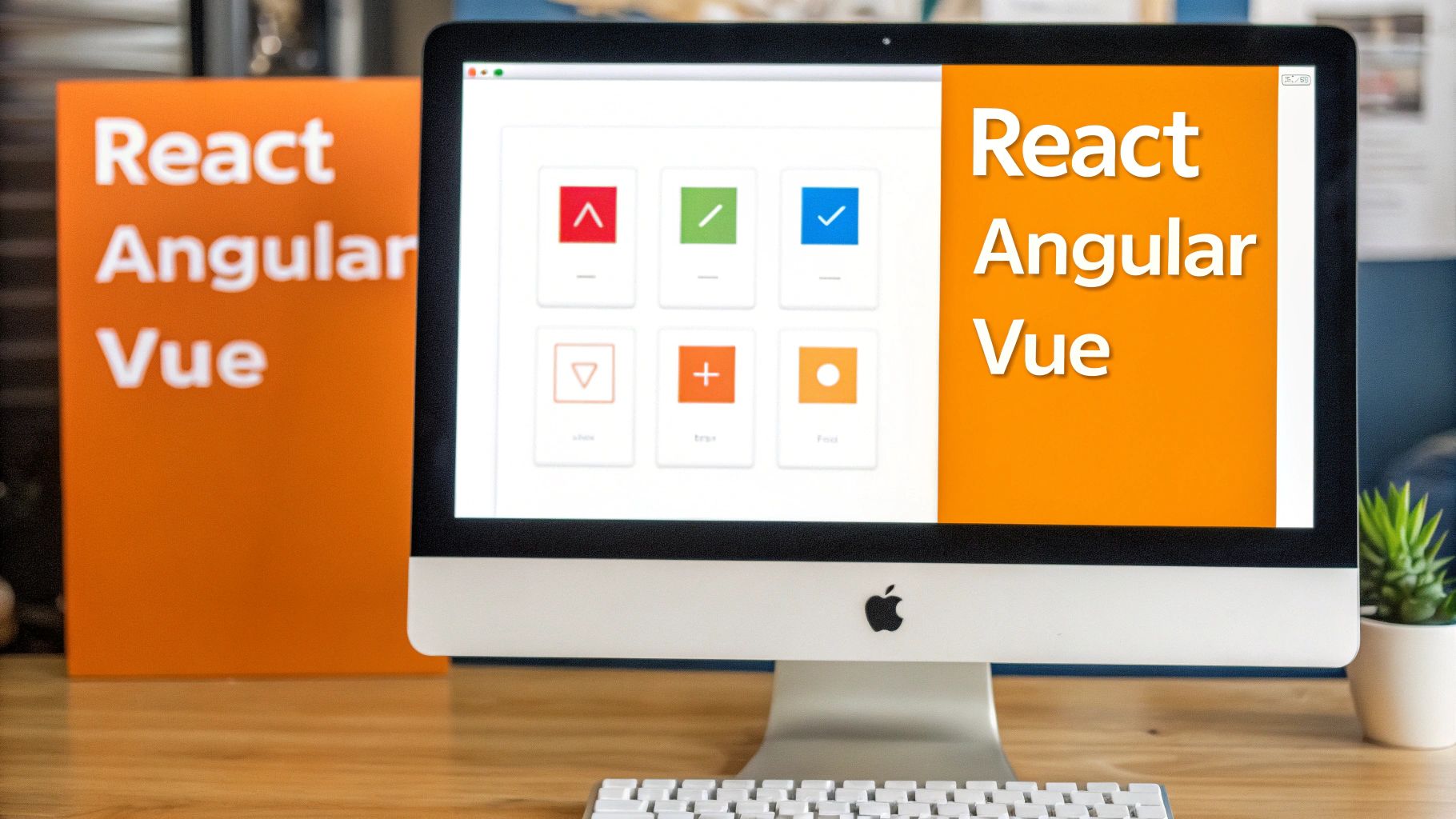 An iMac displays React, Angular, and Vue text, next to a matching orange book on a wooden desk.