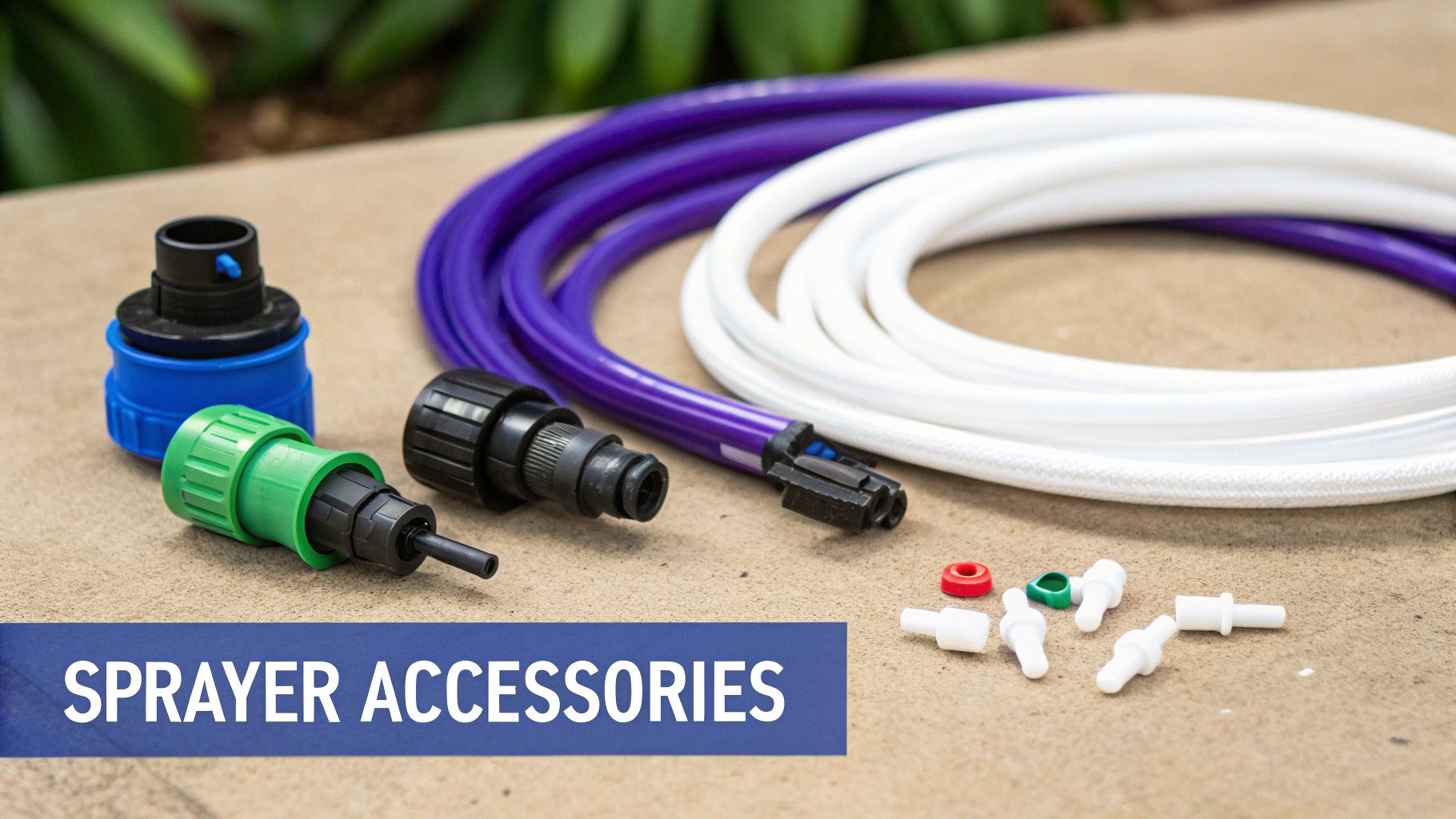 Various sprayer accessories including coiled hoses, nozzles, and small plastic connectors on a textured surface.