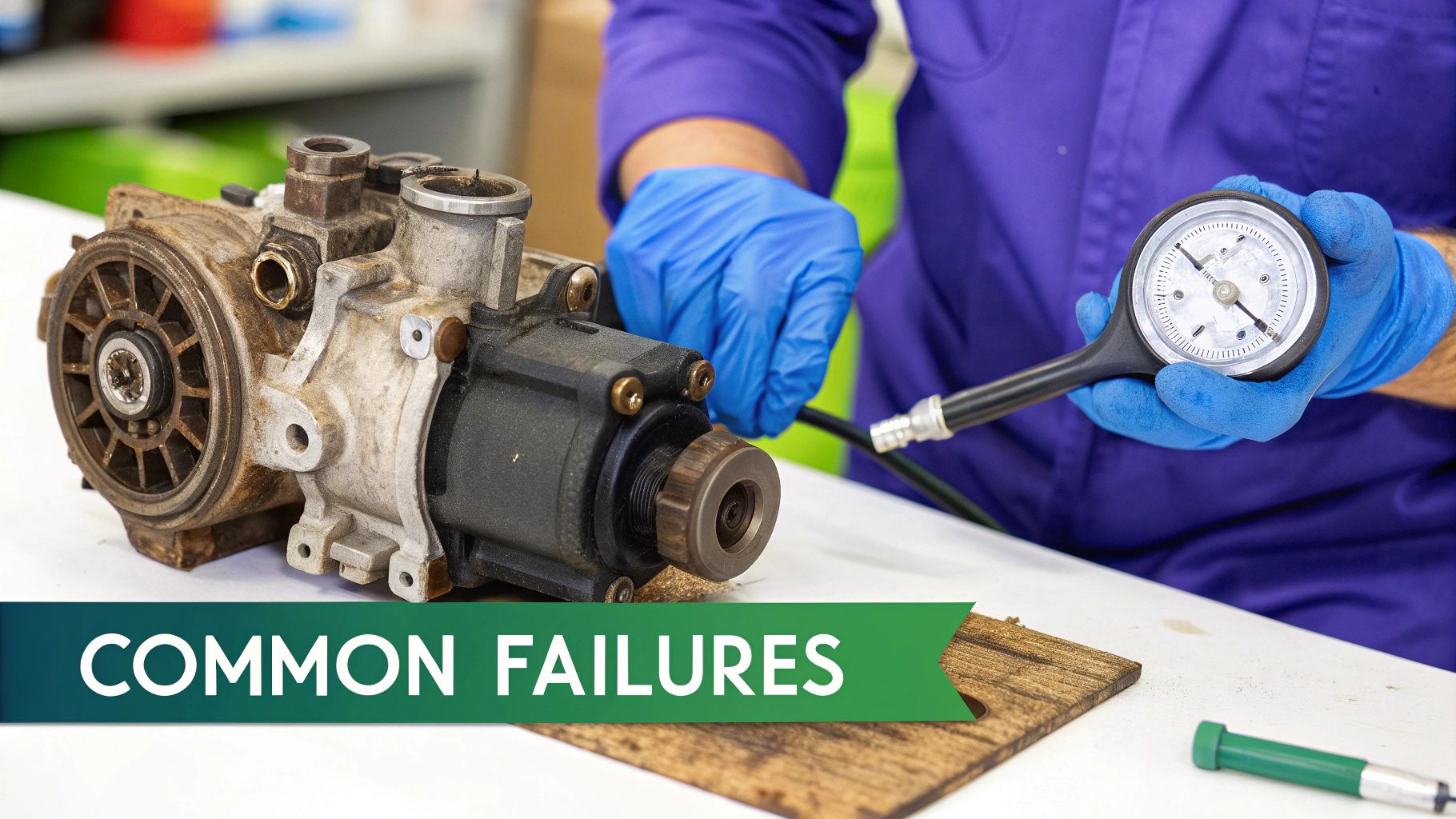 A mechanic in blue gloves tests a dirty mechanical part with a pressure gauge on a white table.