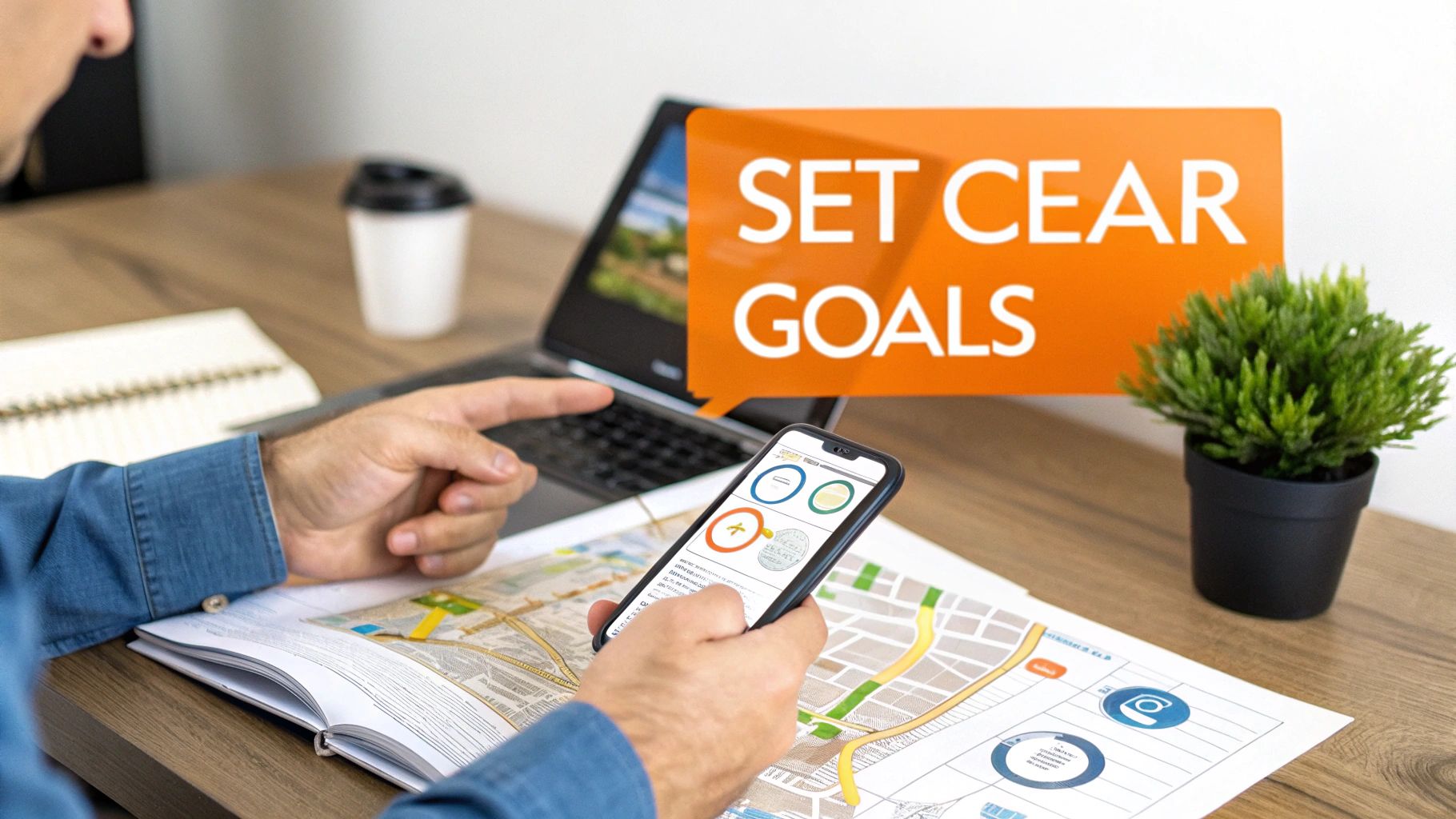 Person reviewing data on a smartphone and laptop at a desk with a 'SET CEAR GOALS' speech bubble.