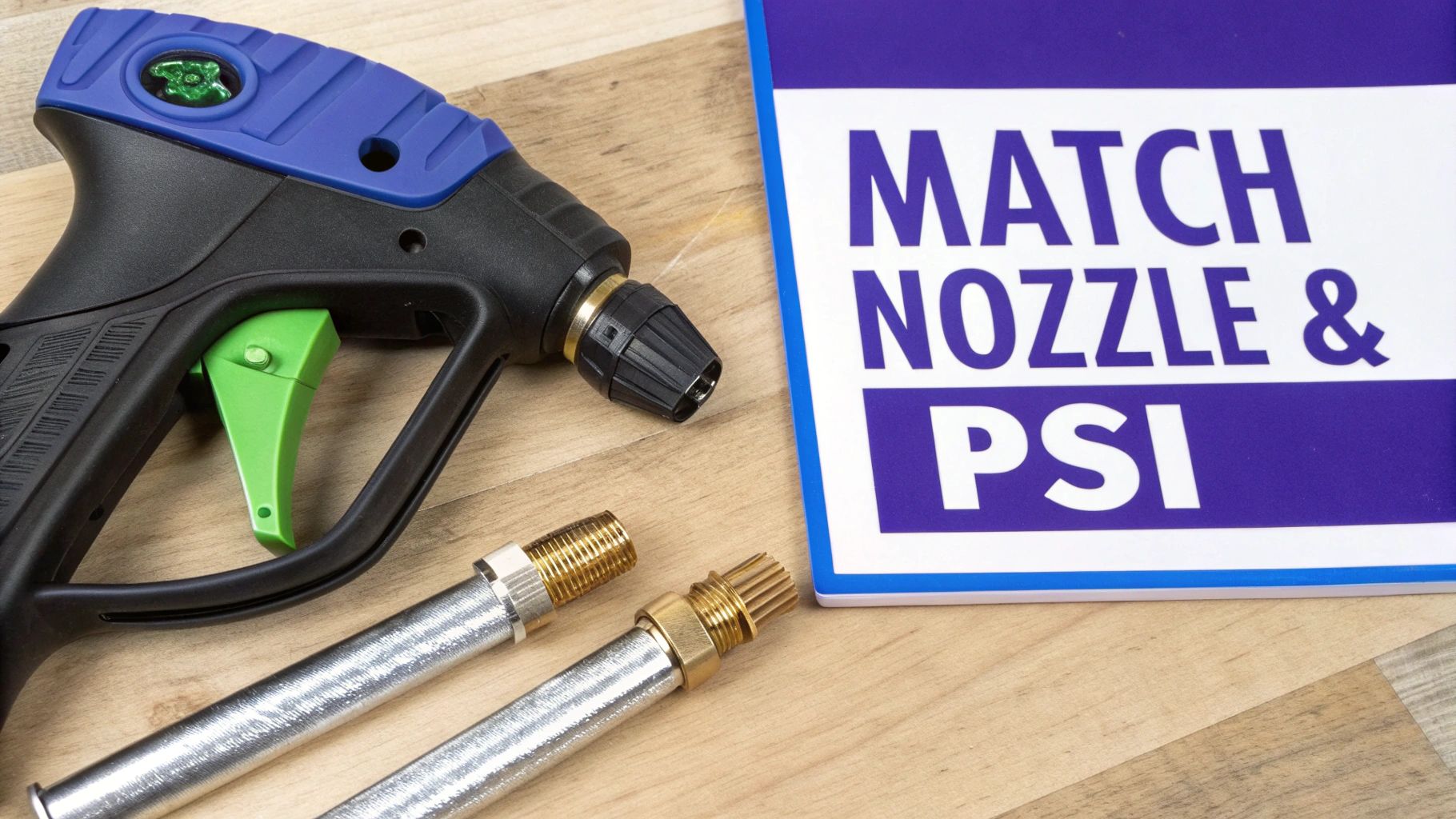 A pressure washer gun, two metal hoses, and a sign advising to match the nozzle and PSI.
