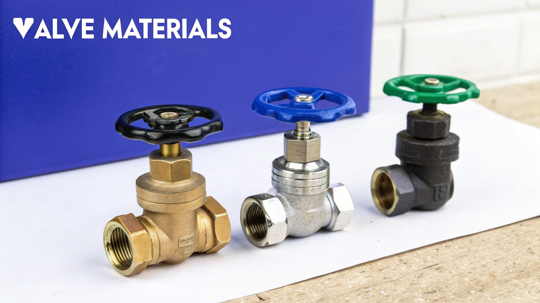 A display of three metal globe valves, showcasing various materials and colored handles.