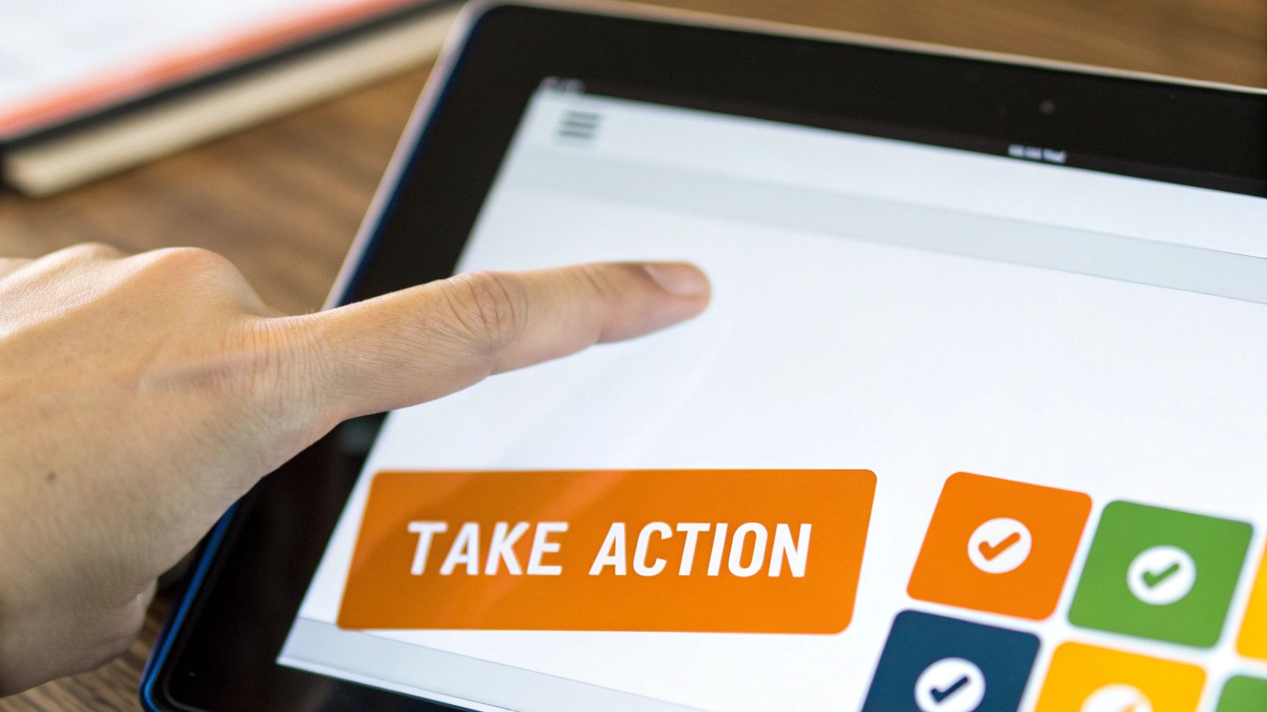 A person's hand interacts with a tablet, touching a large 'TAKE ACTION' button.