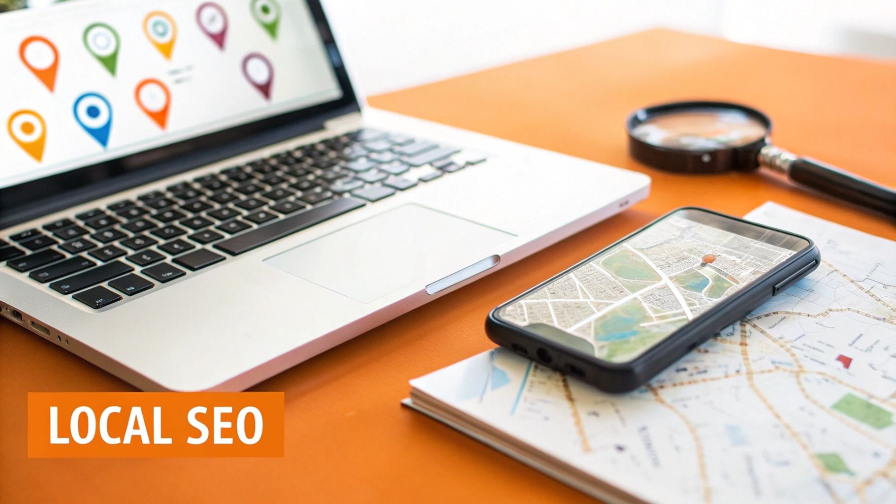 A desk setup with a laptop displaying map pins, a smartphone showing a map, and a magnifying glass, symbolizing local SEO.