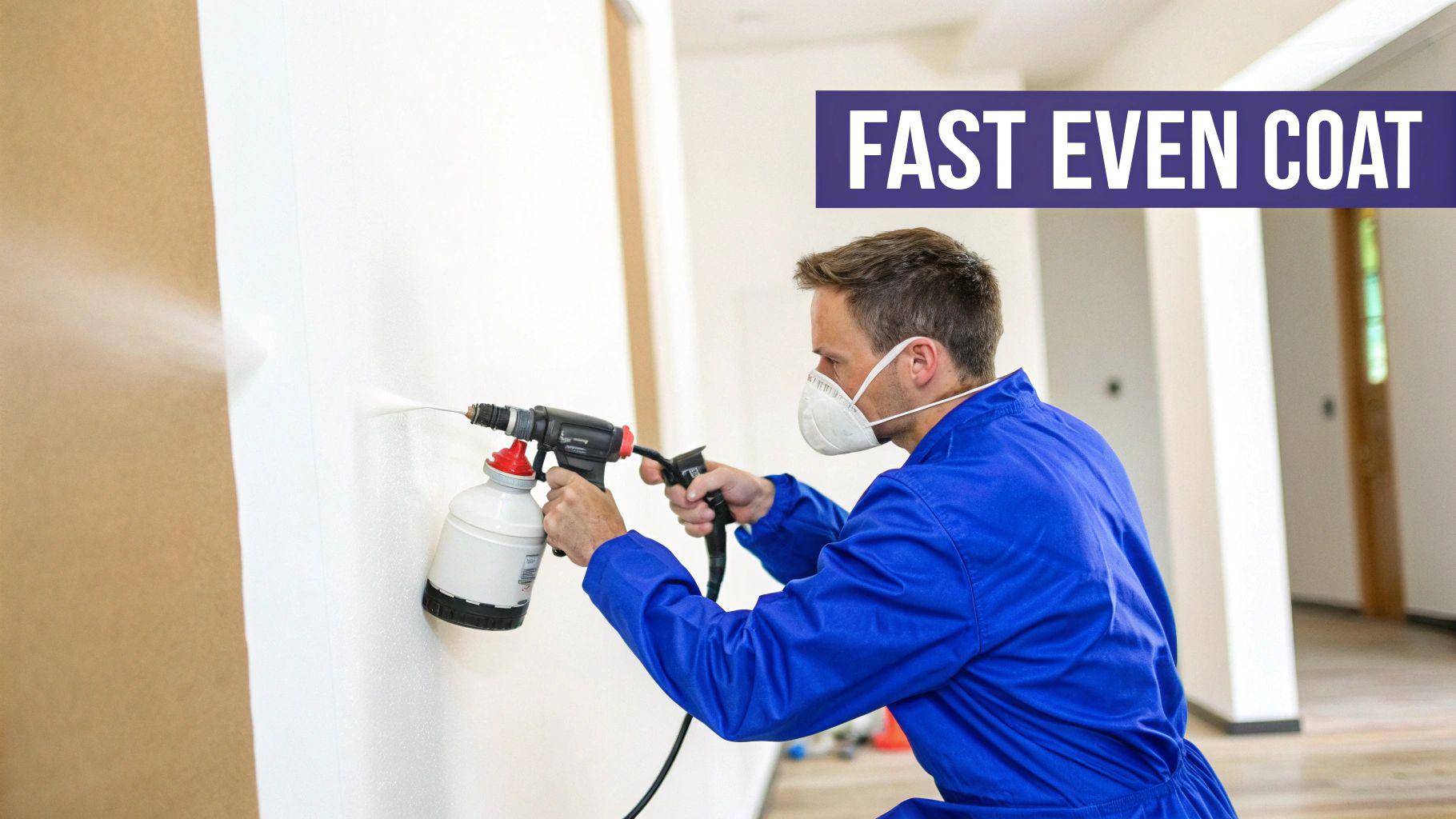 Man in protective mask and blue jumpsuit uses a portable airless sprayer to paint a white wall.