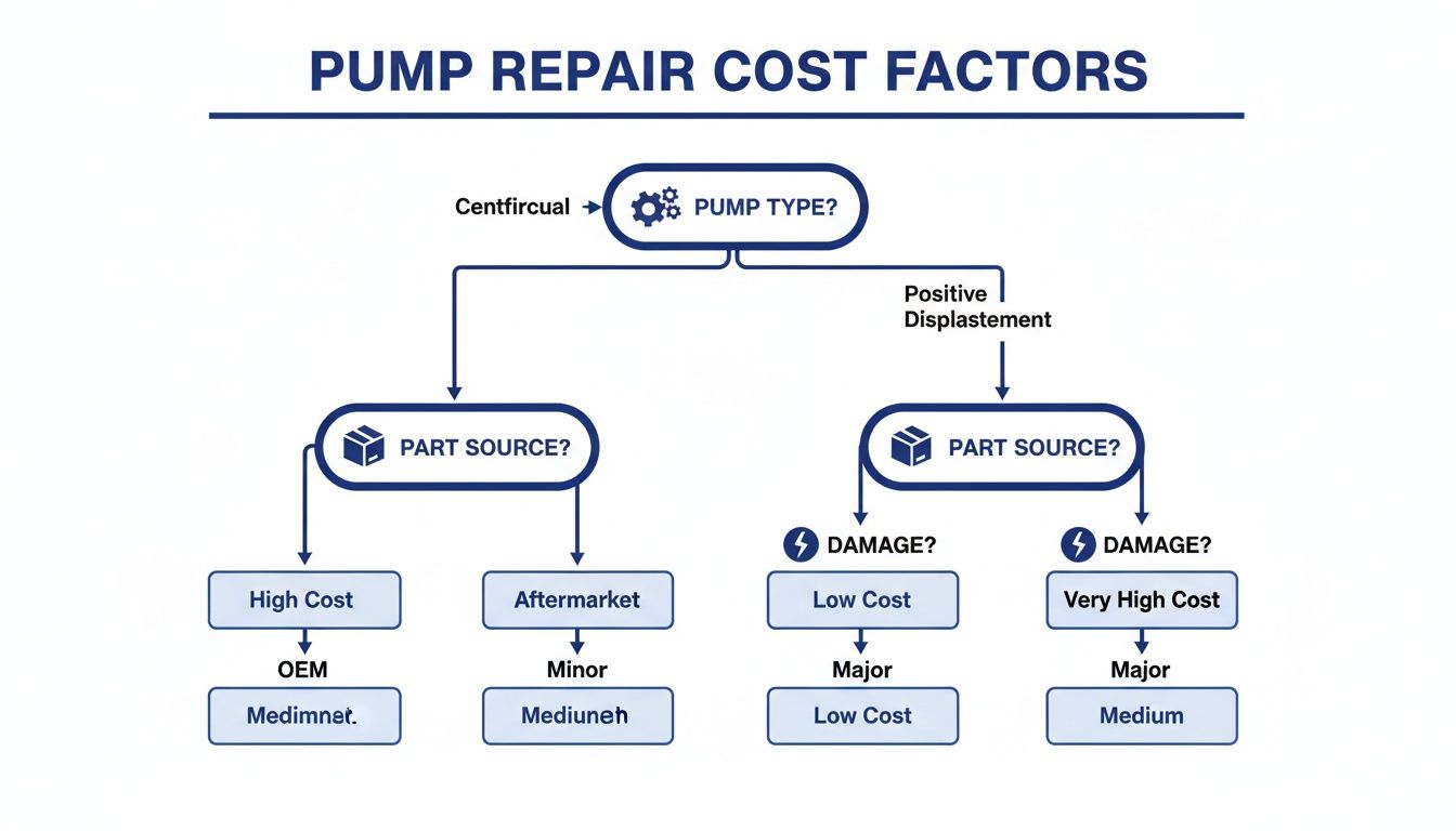 Flowchart illustrating pump repair cost factors based on pump type, part source, and damage level.