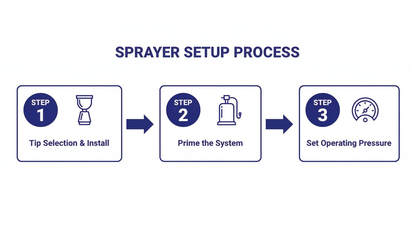 Three-step diagram illustrating the sprayer setup process: tip selection, system priming, and pressure setting.