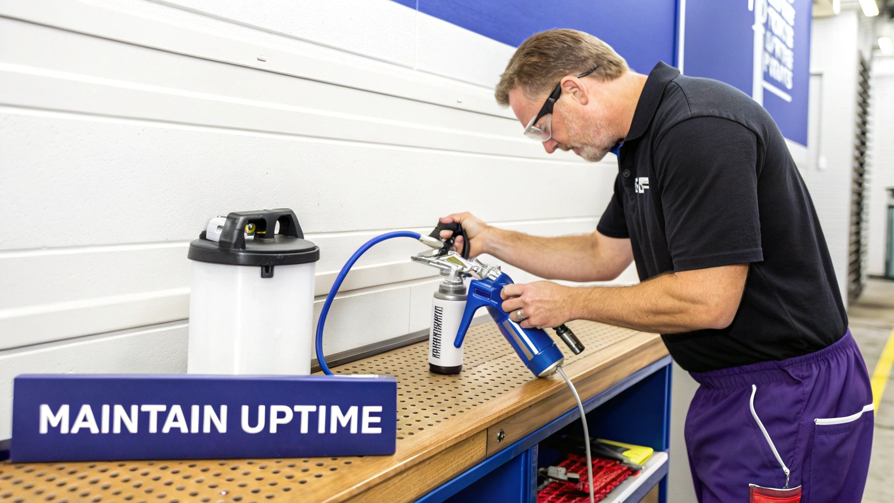 A man in safety glasses operating a fluid transfer tool with a blue hose on a workbench.