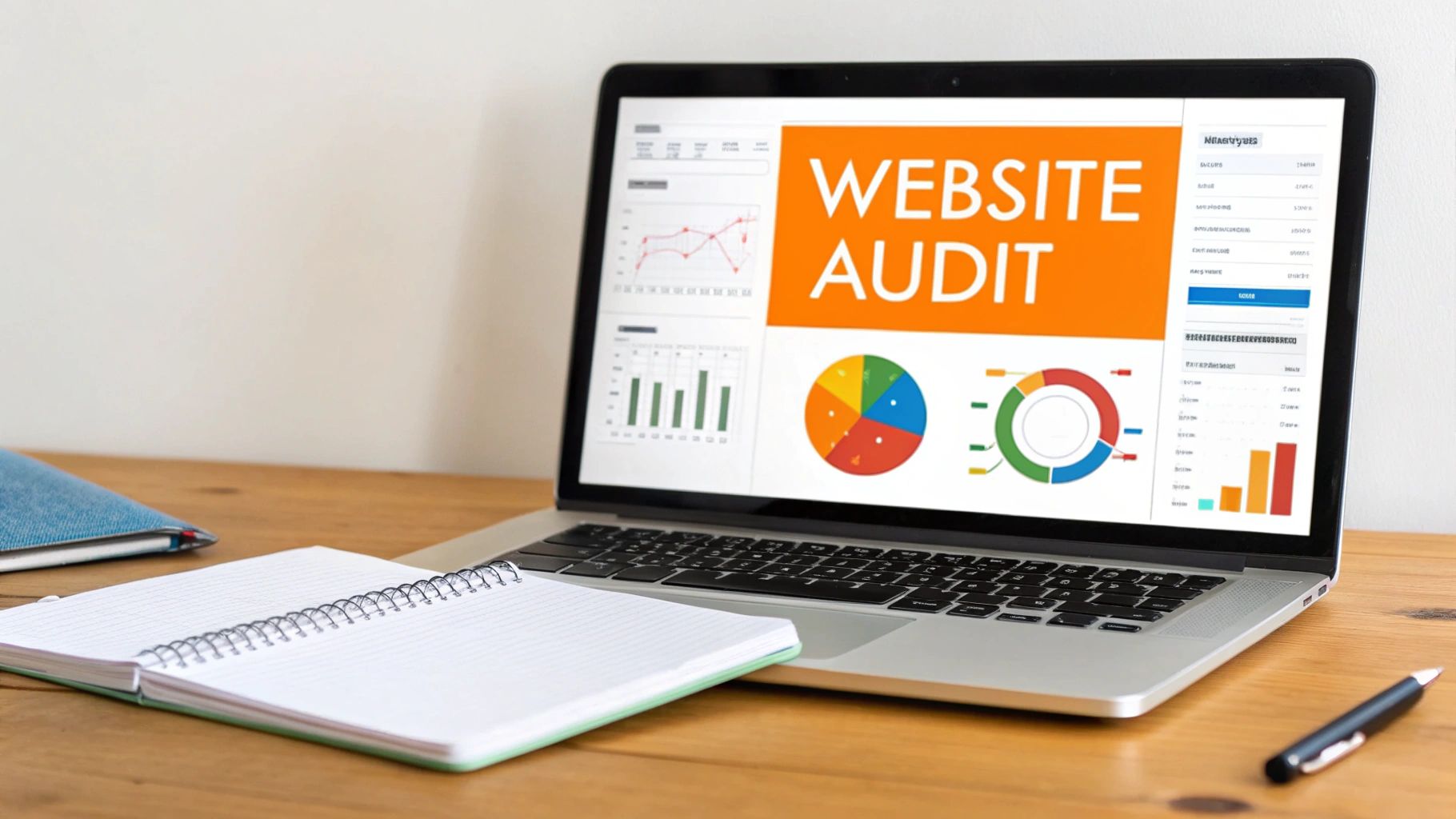A laptop displaying a 'Website Audit' report with charts and graphs on a wooden desk.