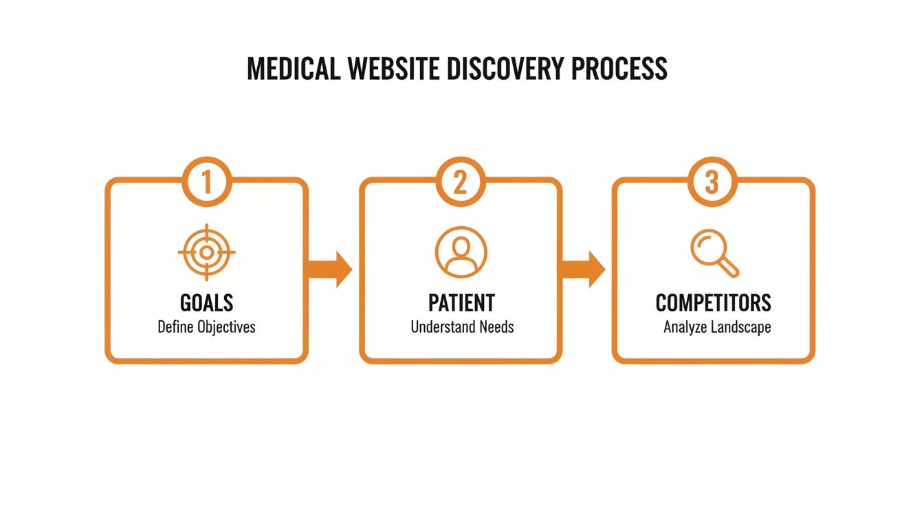 Medical website discovery process showing steps for goals, patient needs, and competitor analysis.