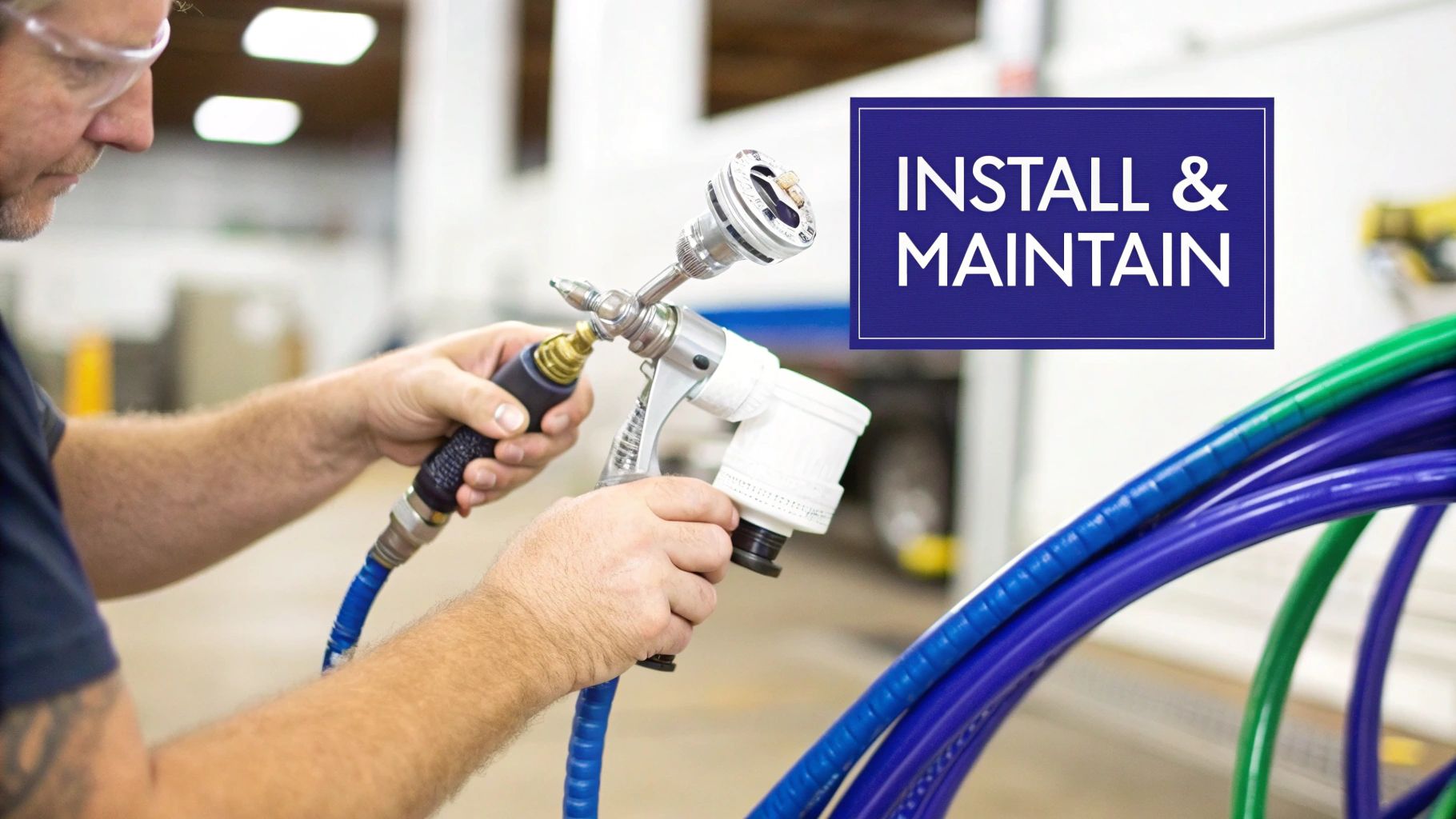 A person in safety glasses connects a specialized spray gun with hoses, highlighting installation and maintenance.