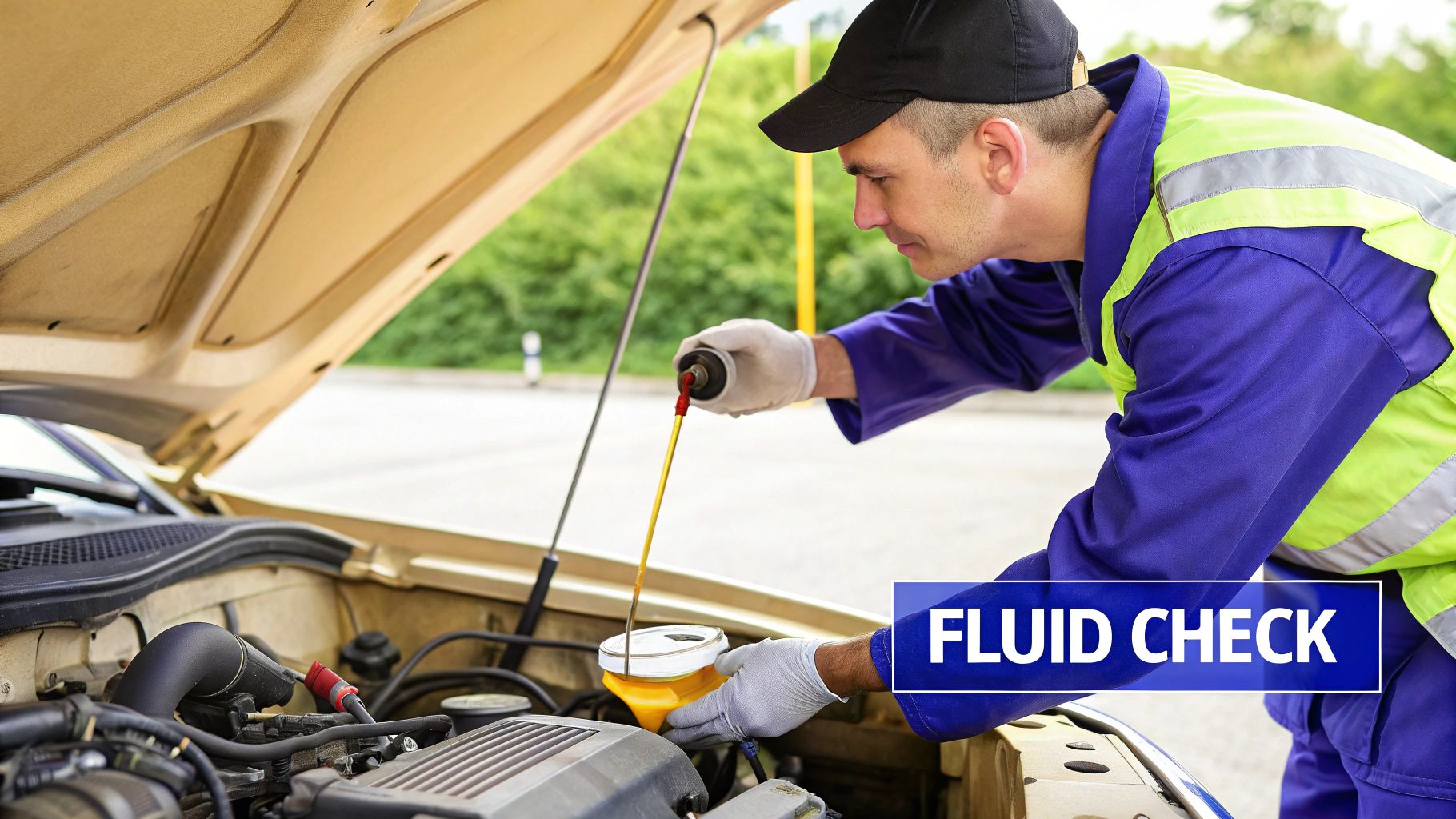 A mechanic in uniform checking the fluid level of a car engine with a dipstick and funnel.