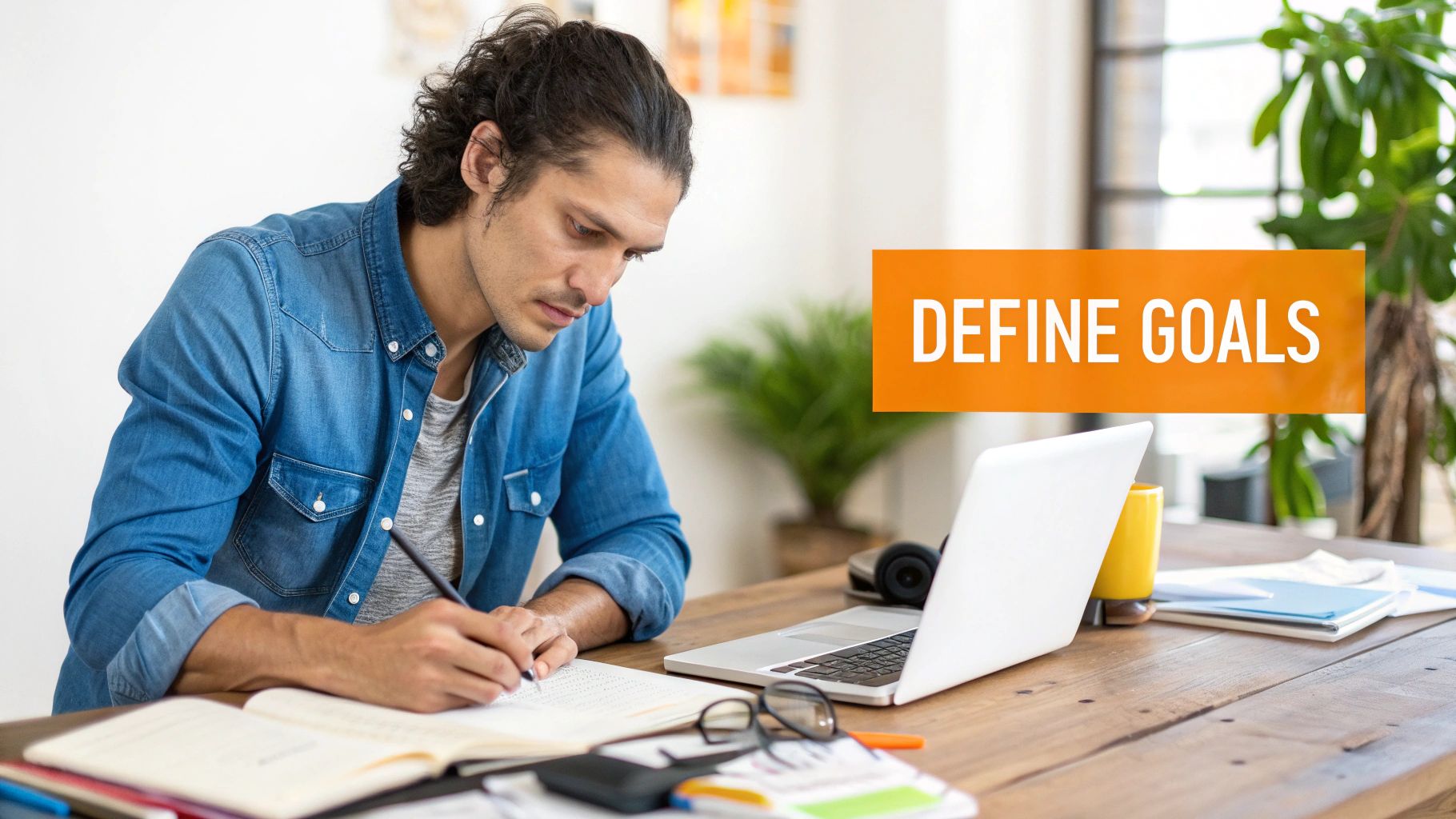 A man in a denim shirt is writing in a notebook at a desk with a laptop and a &#39;DEFINE GOALS&#39; banner.