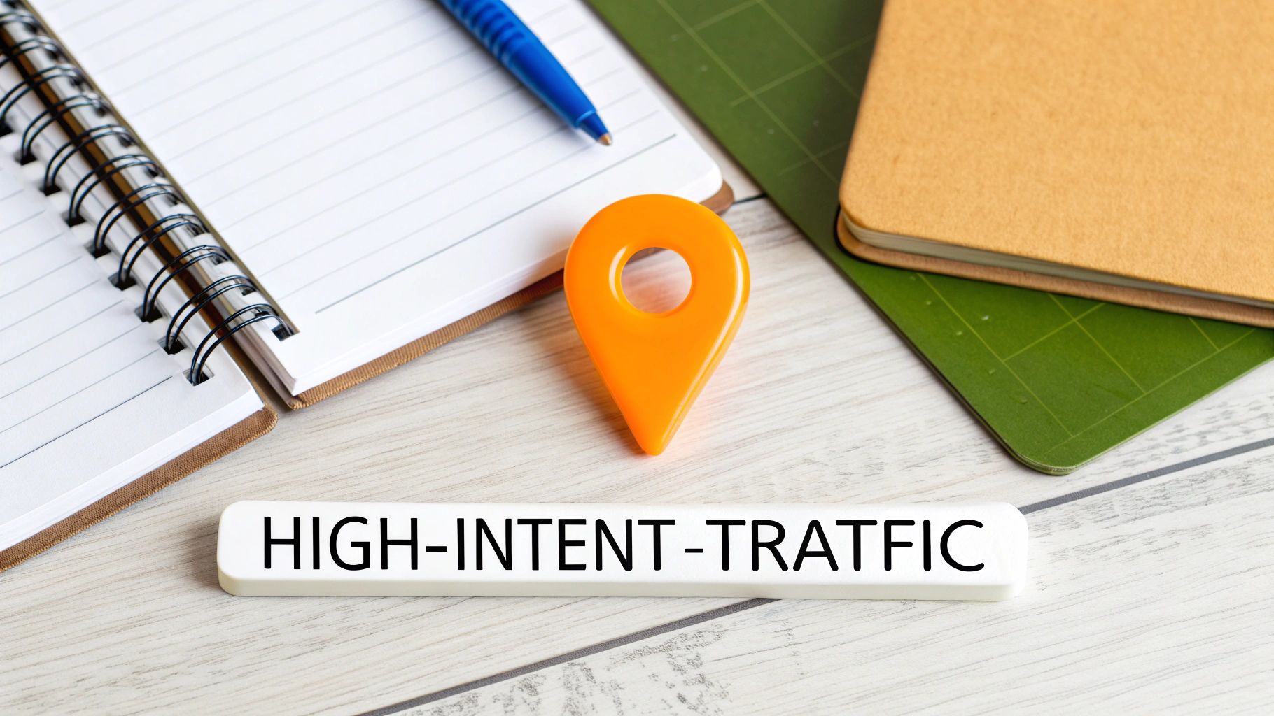 An orange location pin icon and 'HIGH-INTENT-TRAFFIC' text on a desk with a notebook.