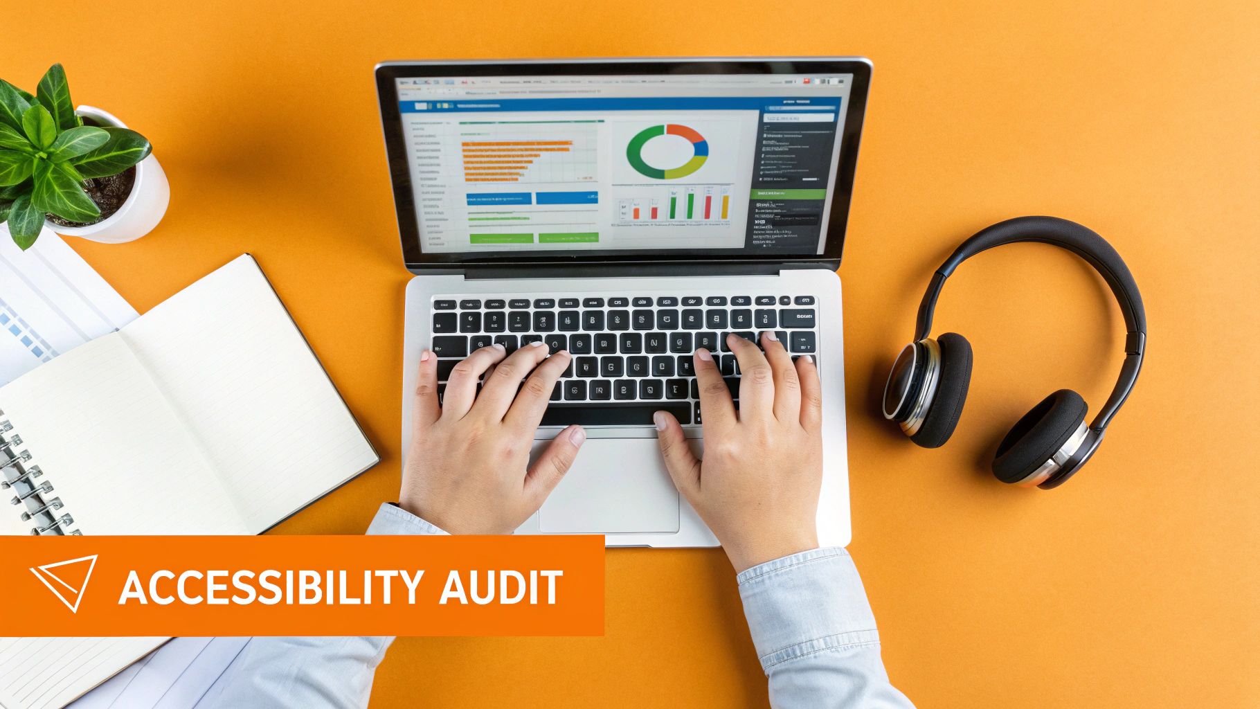 Hands type on a laptop showing charts, with a notebook, plant, and headphones. Overlay text says: ACCESSIBILITY AUDIT.