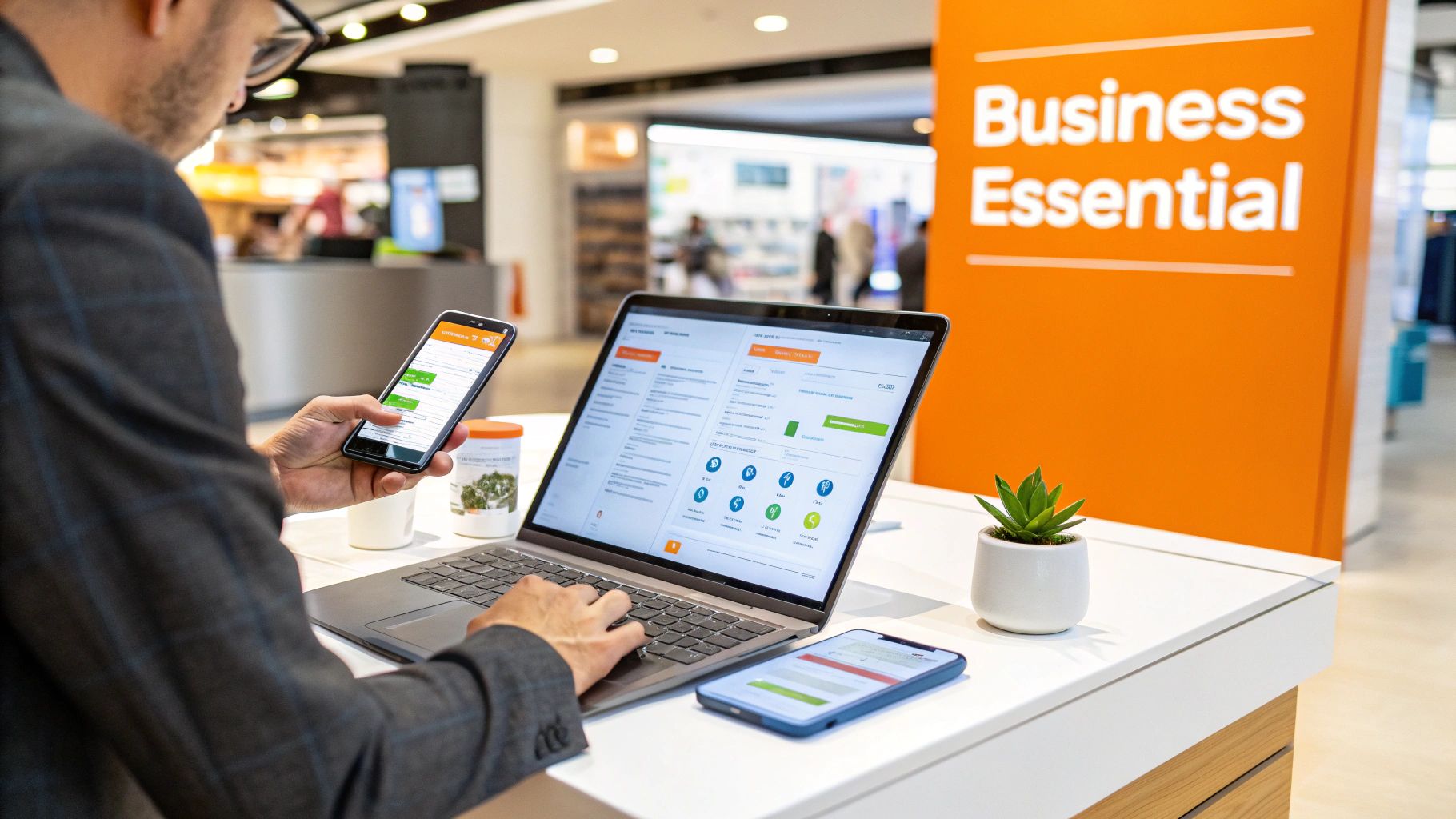 A man uses a laptop and two smartphones in a modern business essential office environment.