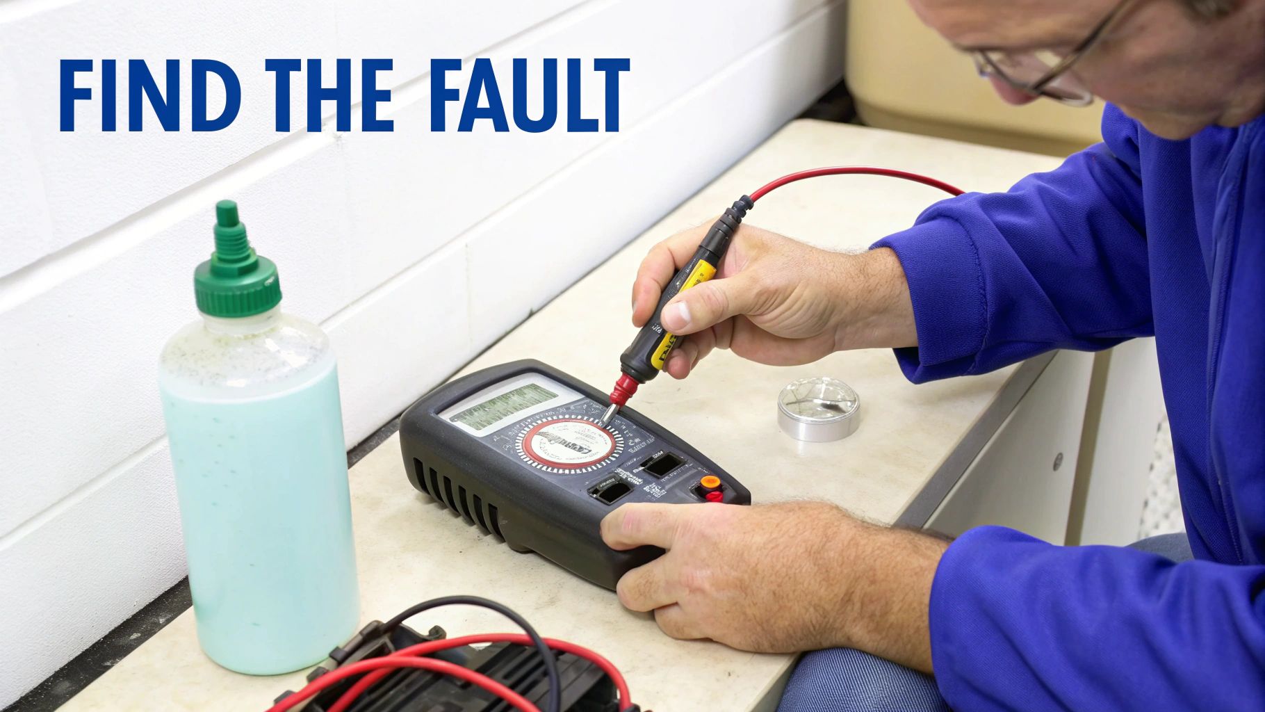 Hands of an electrician using a multimeter to diagnose an electrical fault on a device.