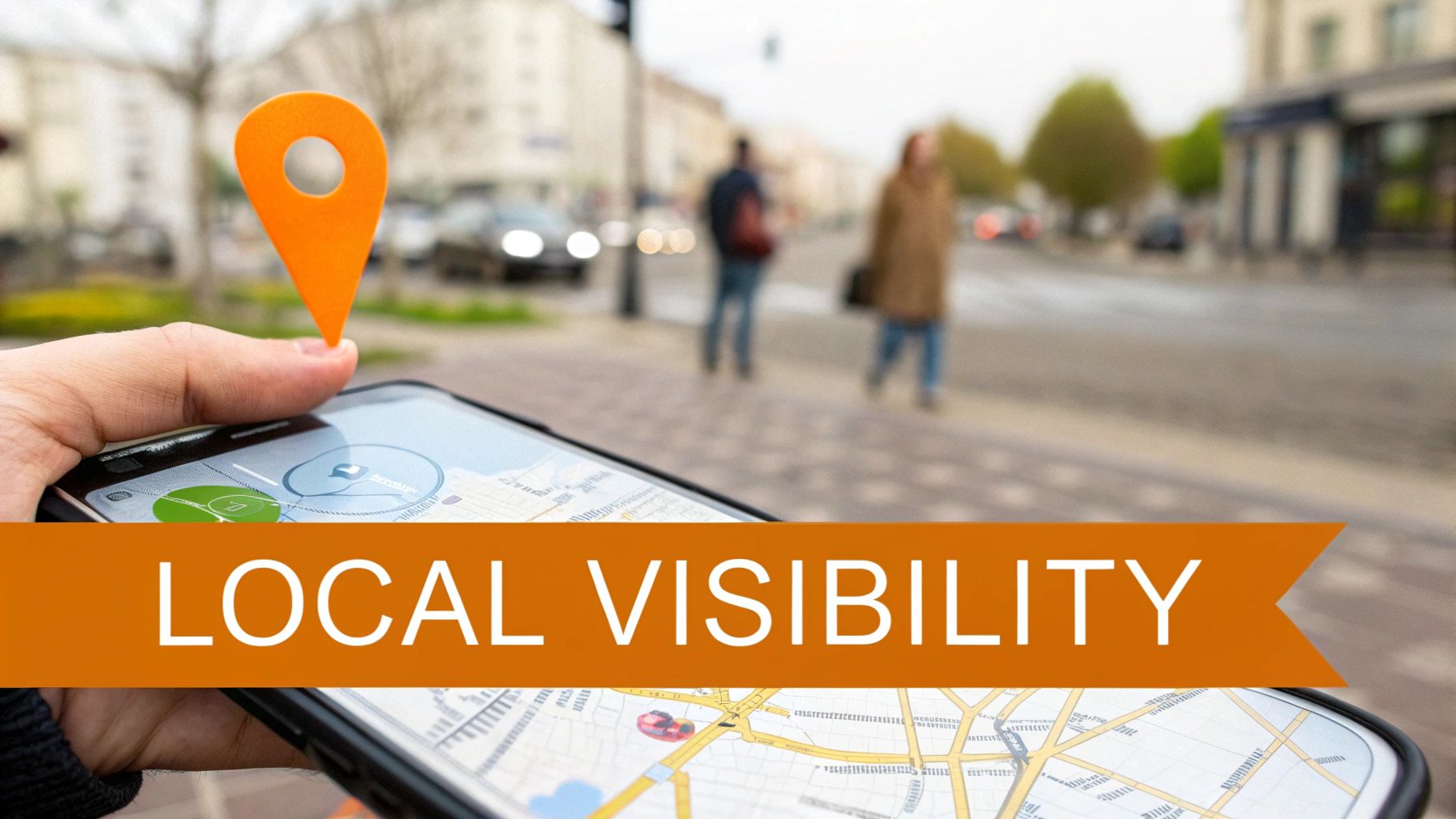 Hand holding smartphone with map app and location pin, 'LOCAL VISIBILITY' text on urban street background.