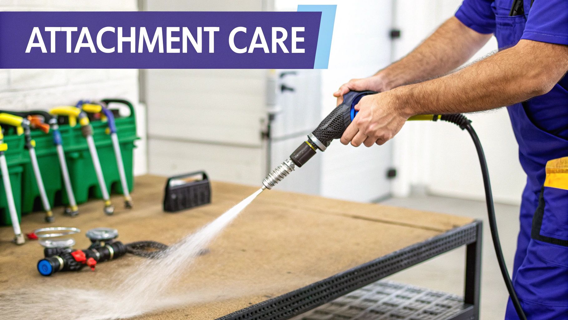Person using a power washer attachment to clean a surface, demonstrating proper care.