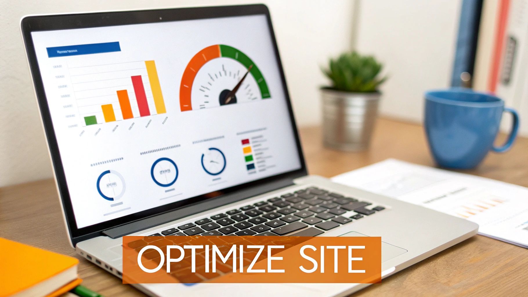 A laptop on a wooden desk displaying a data analytics dashboard with charts and a speed gauge, featuring an 'Optimize Site' overlay.