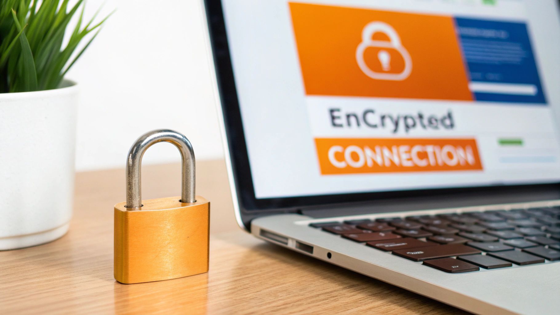 A gold padlock sits next to a laptop displaying 'Encrypted Connection' on its screen.