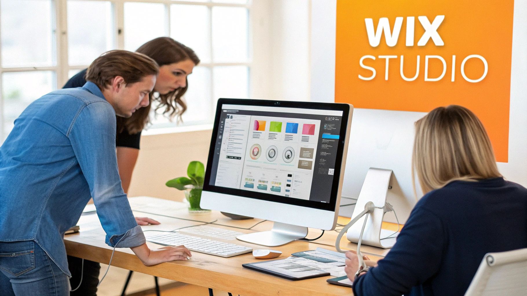 Three professionals collaborate in a bright office, focused on web design using Wix Studio on a computer screen.