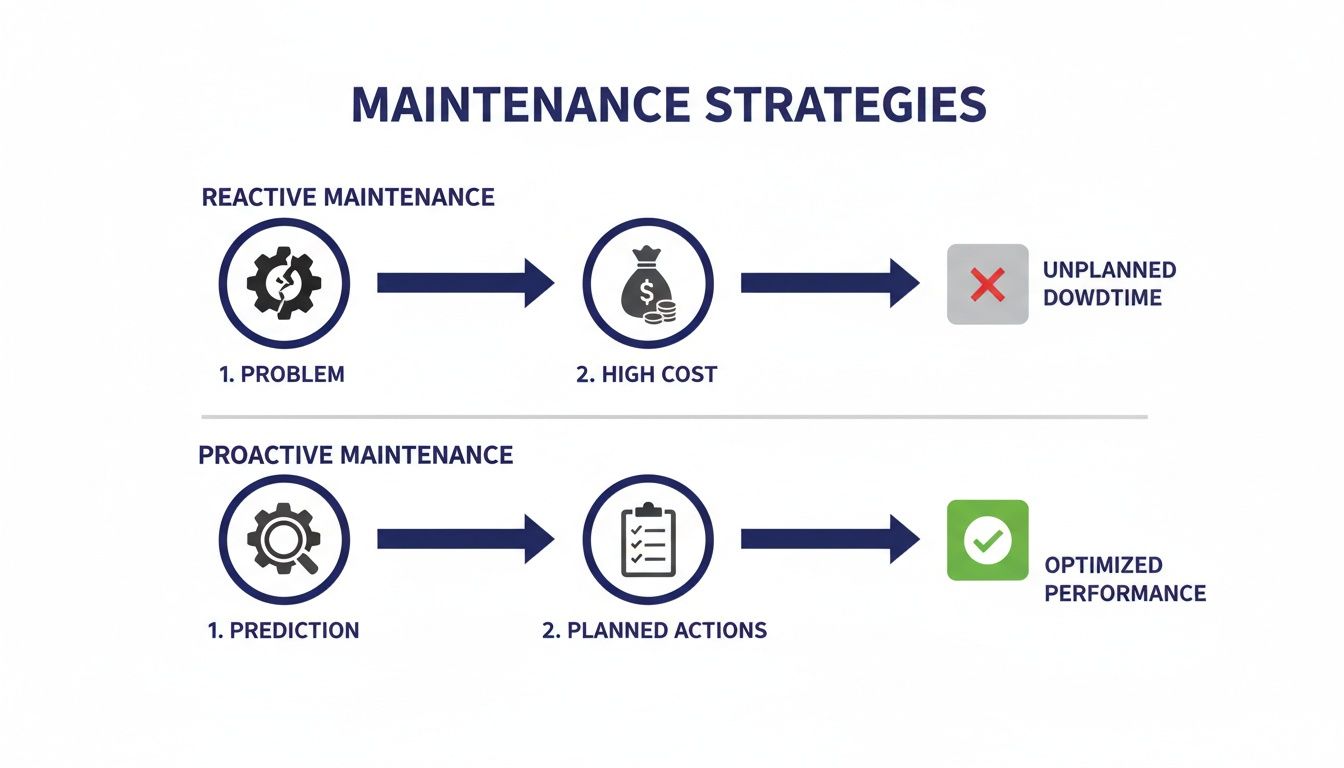 Flowchart comparing reactive maintenance leading to unplanned downtime with proactive maintenance for optimized performance.