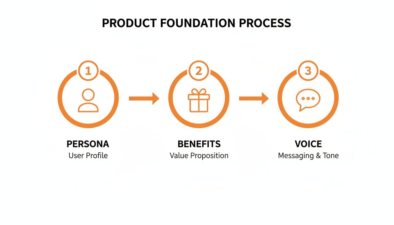 Diagram illustrating the Product Foundation Process, including Persona, Benefits, and Voice steps.