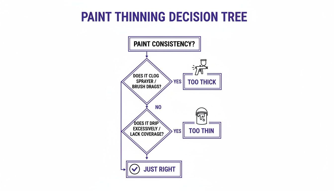 Flowchart illustrating paint consistency for thinning, identifying if it's too thick, too thin, or just right.