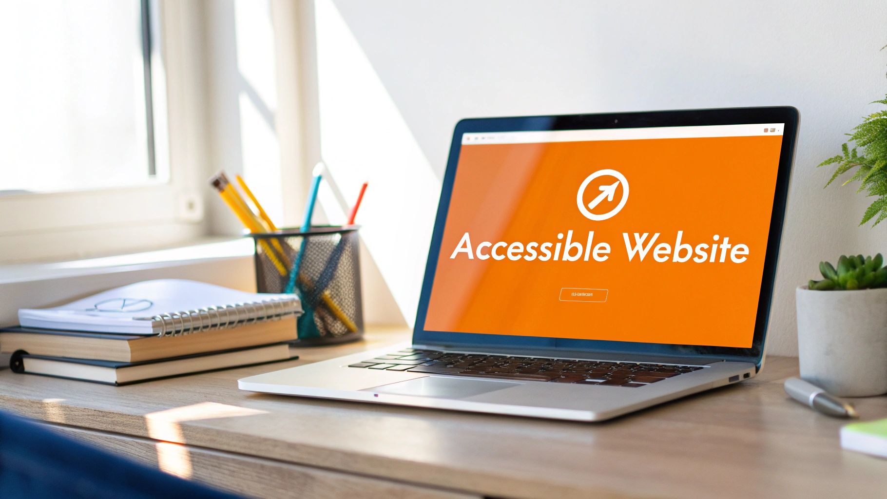 A laptop on a wooden desk displaying &#39;Accessible Website&#39; with a logo, surrounded by office supplies.