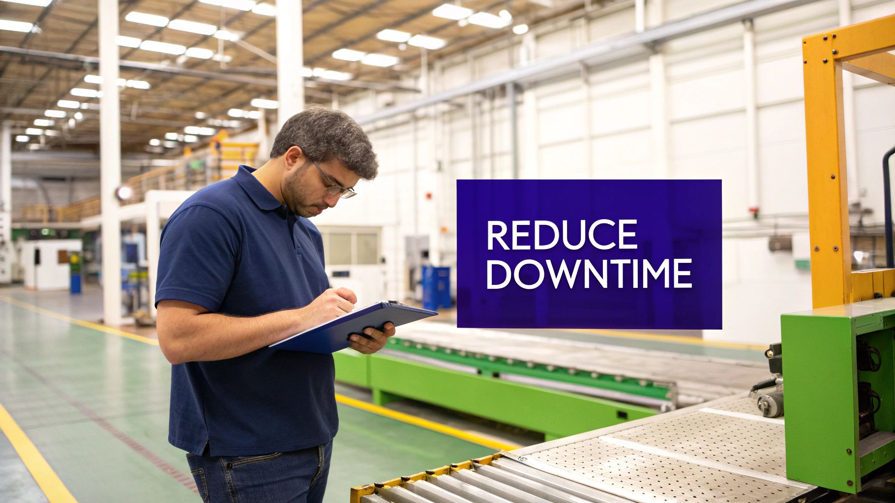 A man inspects machinery in a factory, writing on a clipboard, with a &#39;REDUCE DOWNTIME&#39; overlay.