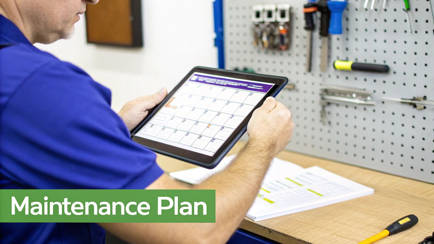 A person in a blue shirt holds a tablet displaying a digital maintenance schedule or plan.