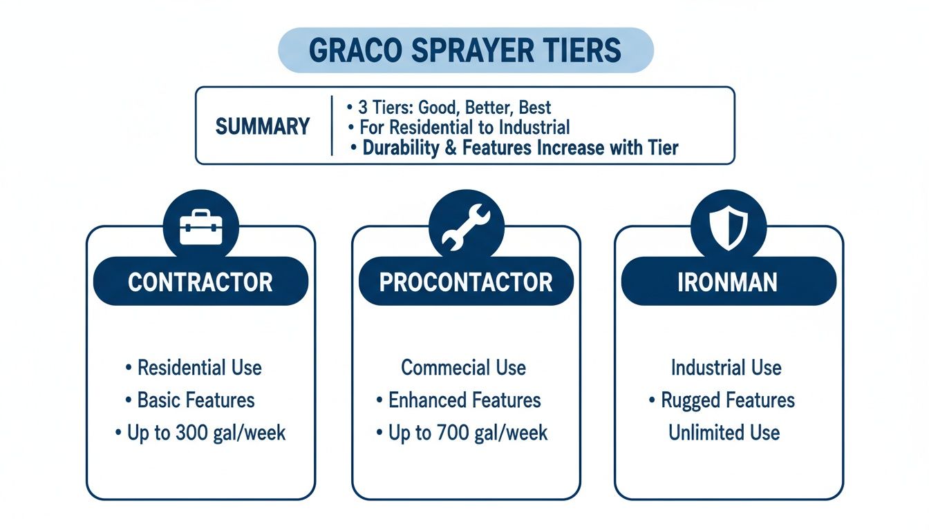 Graco sprayer tiers comparison: Contractor, Procontractor, and Ironman models with features for residential to industrial use.
