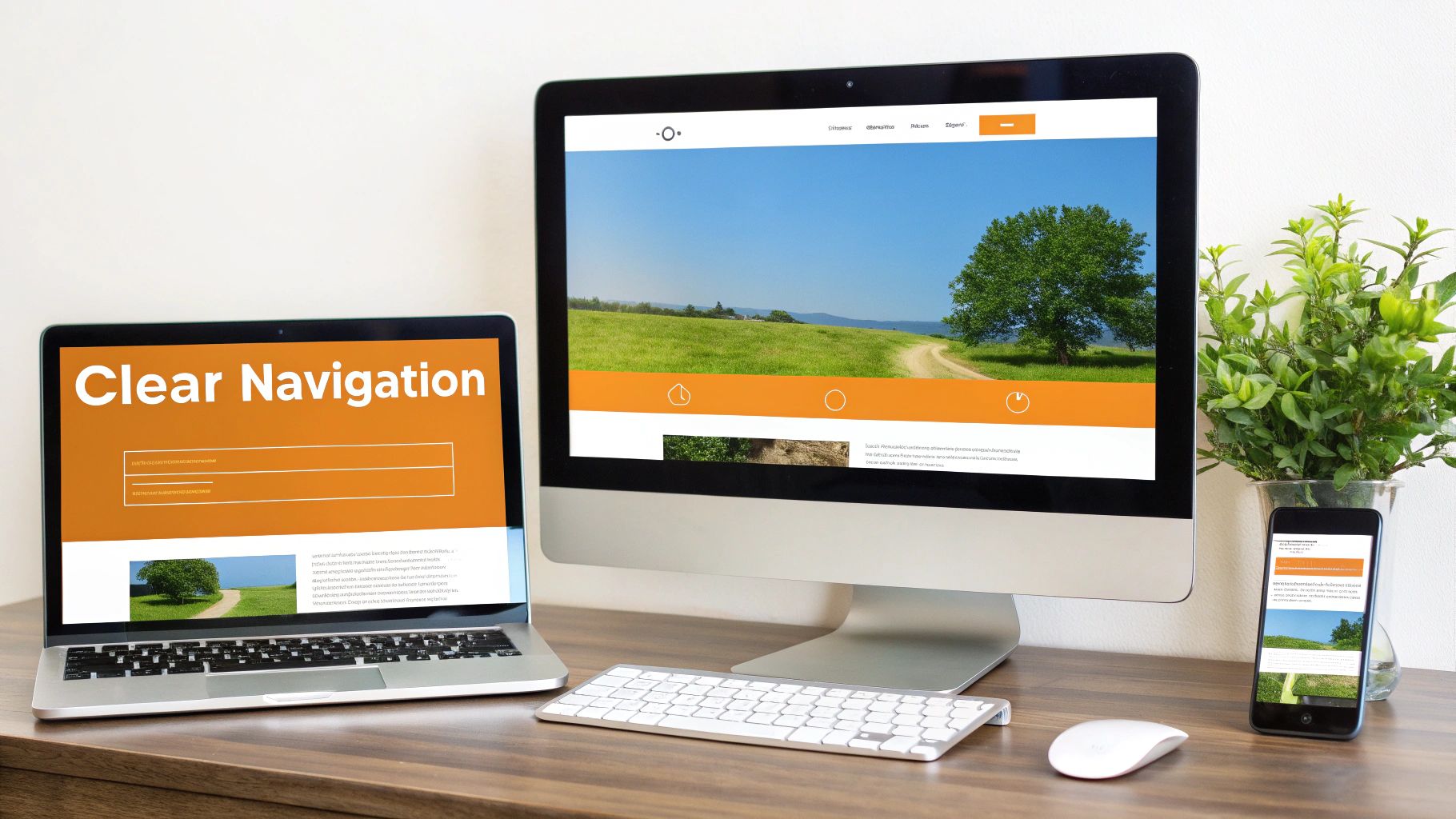 Multiple devices on a desk demonstrating a website with clear navigation and nature images.