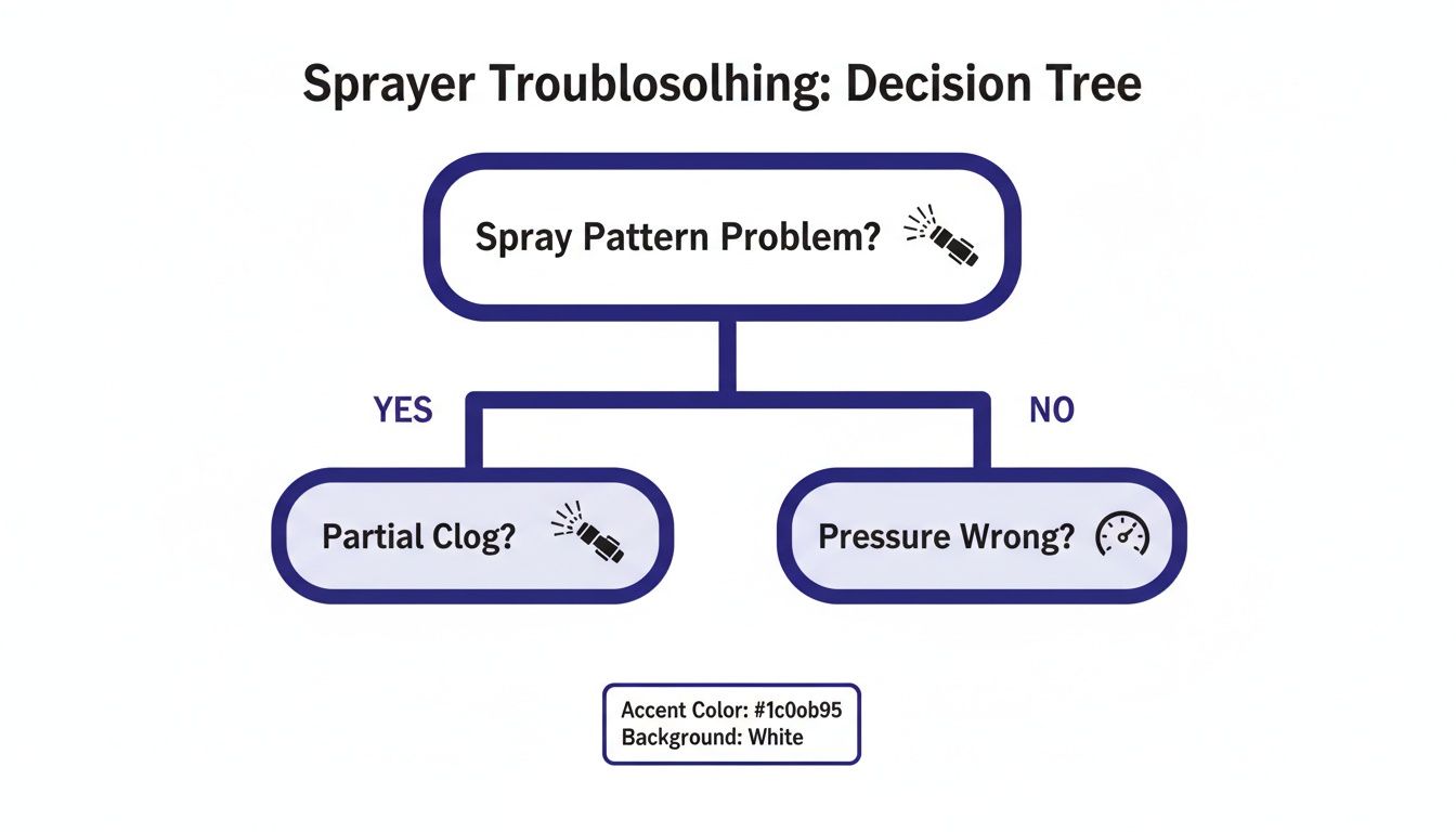 A decision tree for sprayer troubleshooting, guiding users to identify spray pattern problems, partial clogs, or wrong pressure.