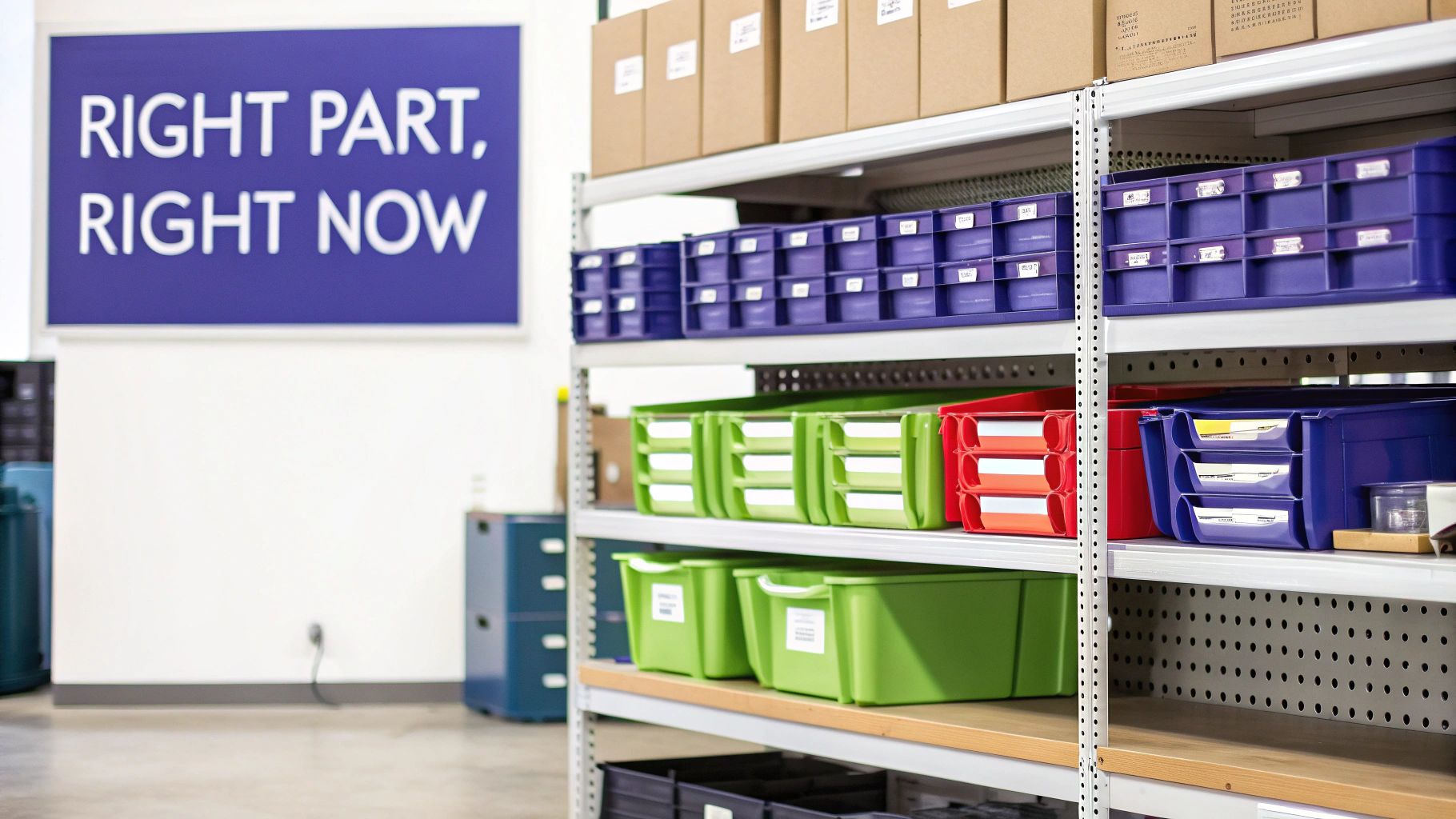 Organized shelving unit in a warehouse, filled with blue, green, and red bins for spare parts.