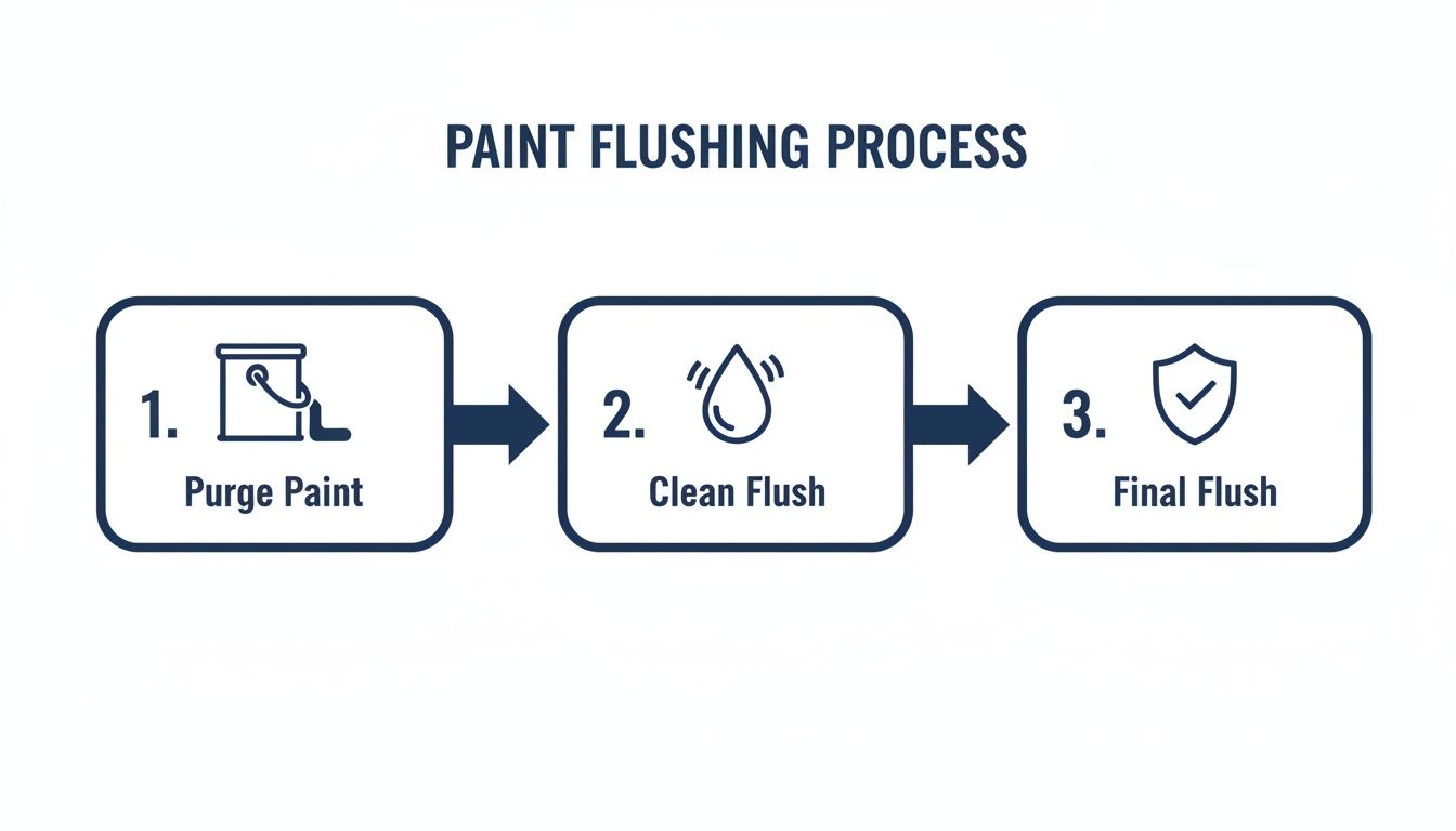 A three-step diagram outlining the paint flushing process: Purge Paint, Clean Flush, Final Flush.